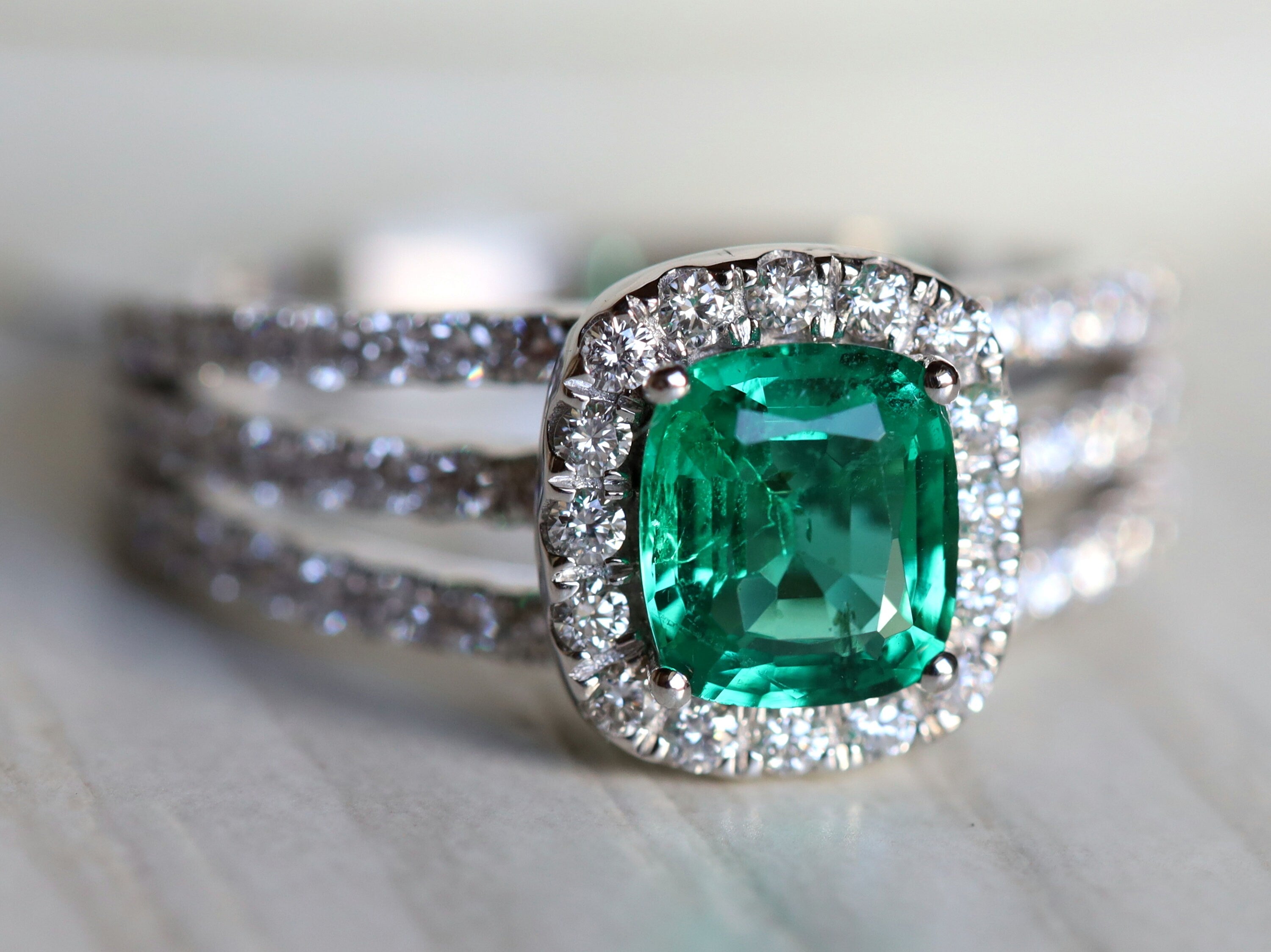 Emerald Engagement Ring | Cushion Cut Emerald & Diamond Halo Ring -