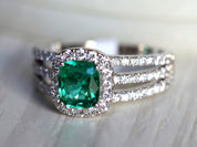 Emerald Engagement Ring | Cushion Cut Emerald & Diamond Halo Ring -