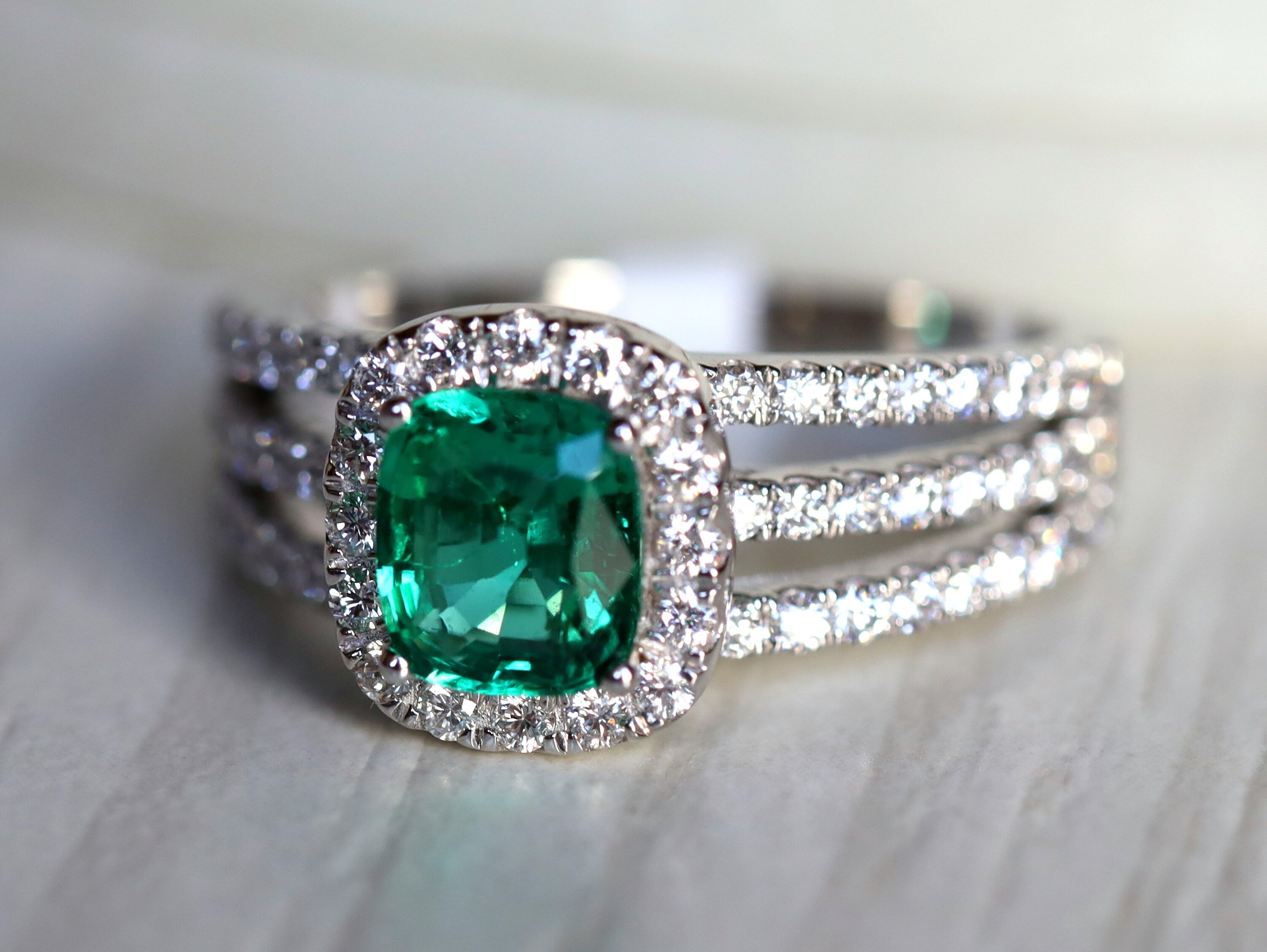Emerald Engagement Ring | Cushion Cut Emerald & Diamond Halo Ring -