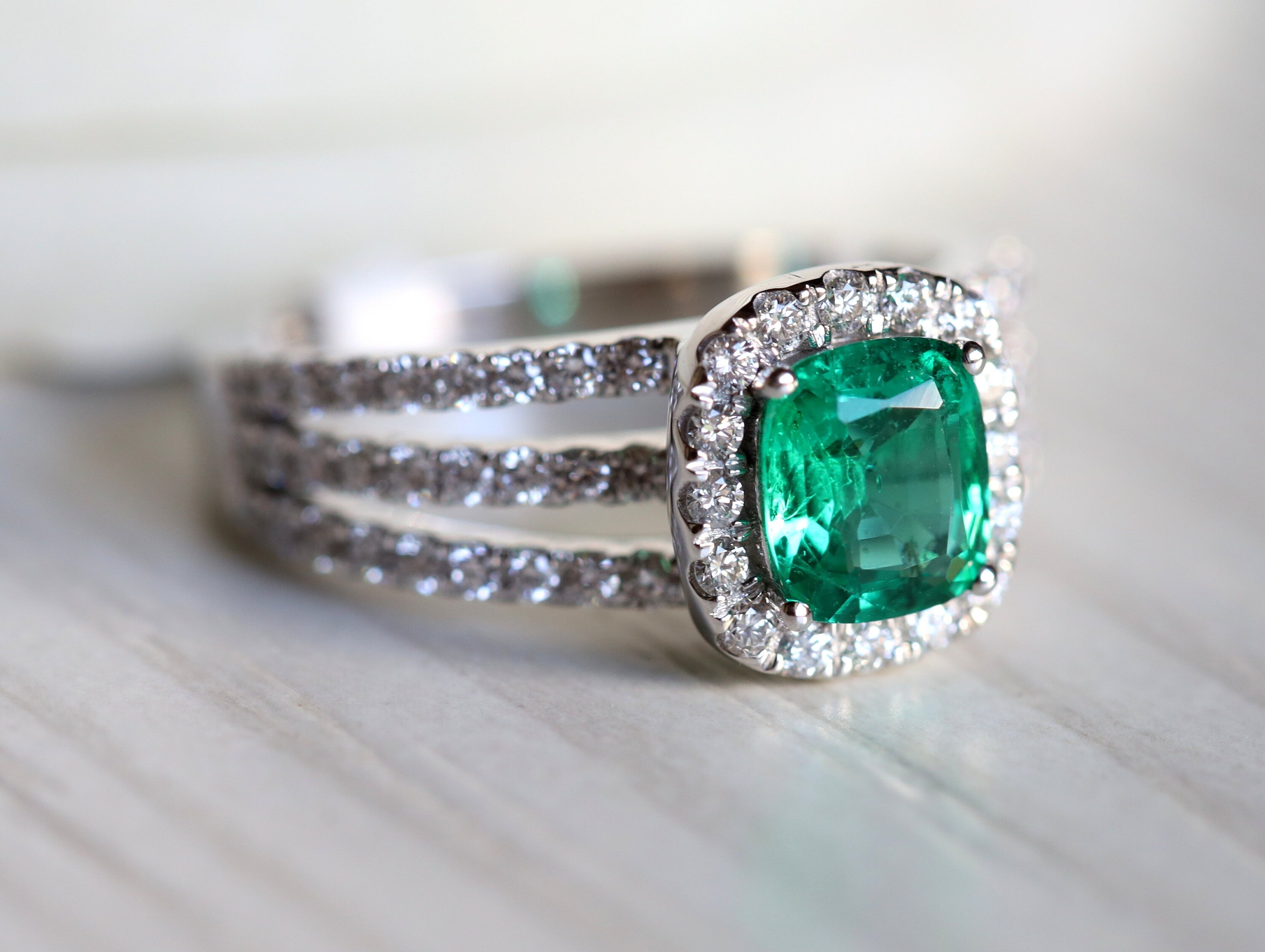Emerald Engagement Ring | Cushion Cut Emerald & Diamond Halo Ring -