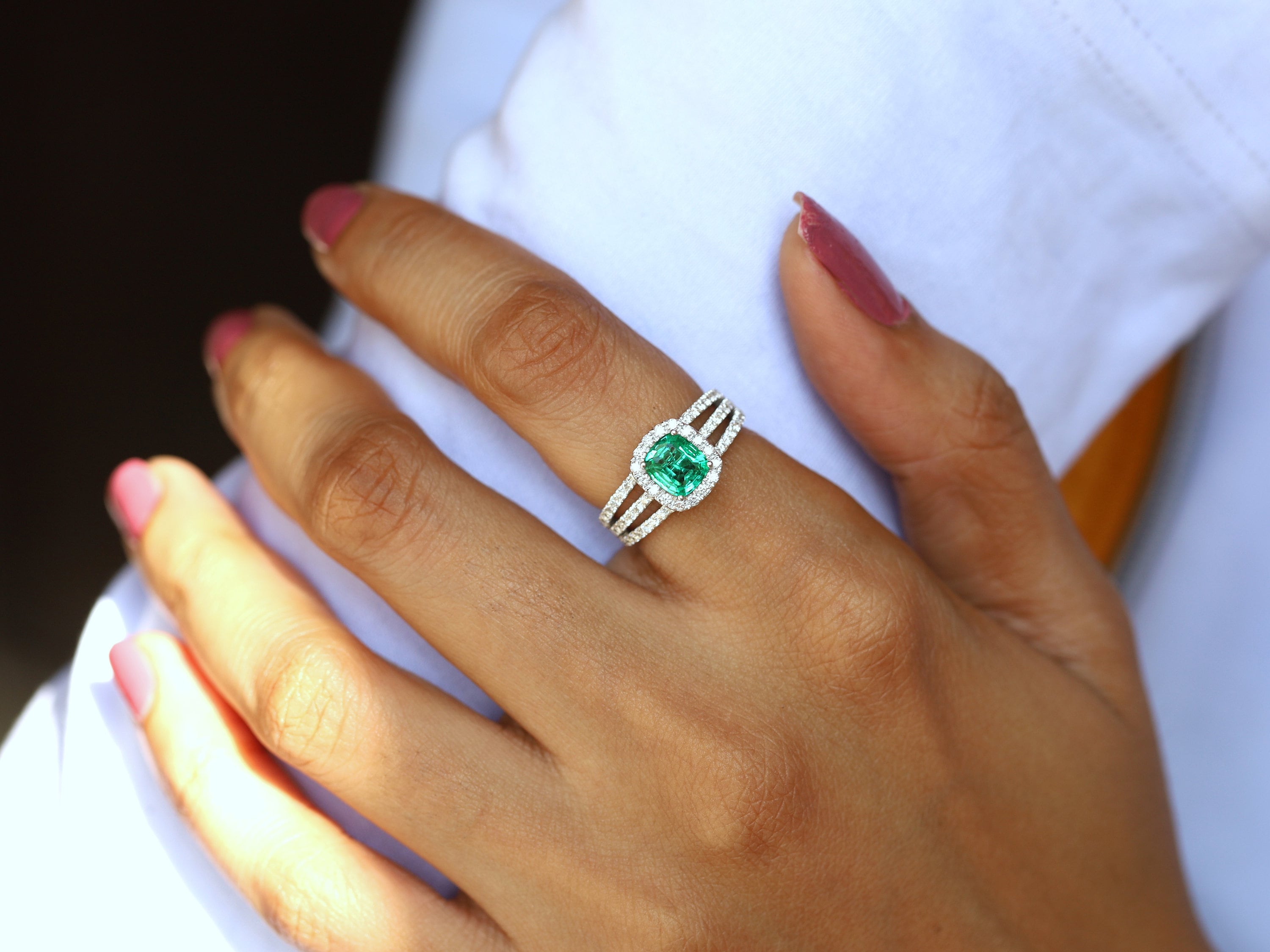 Emerald Engagement Ring | Cushion Cut Emerald & Diamond Halo Ring -