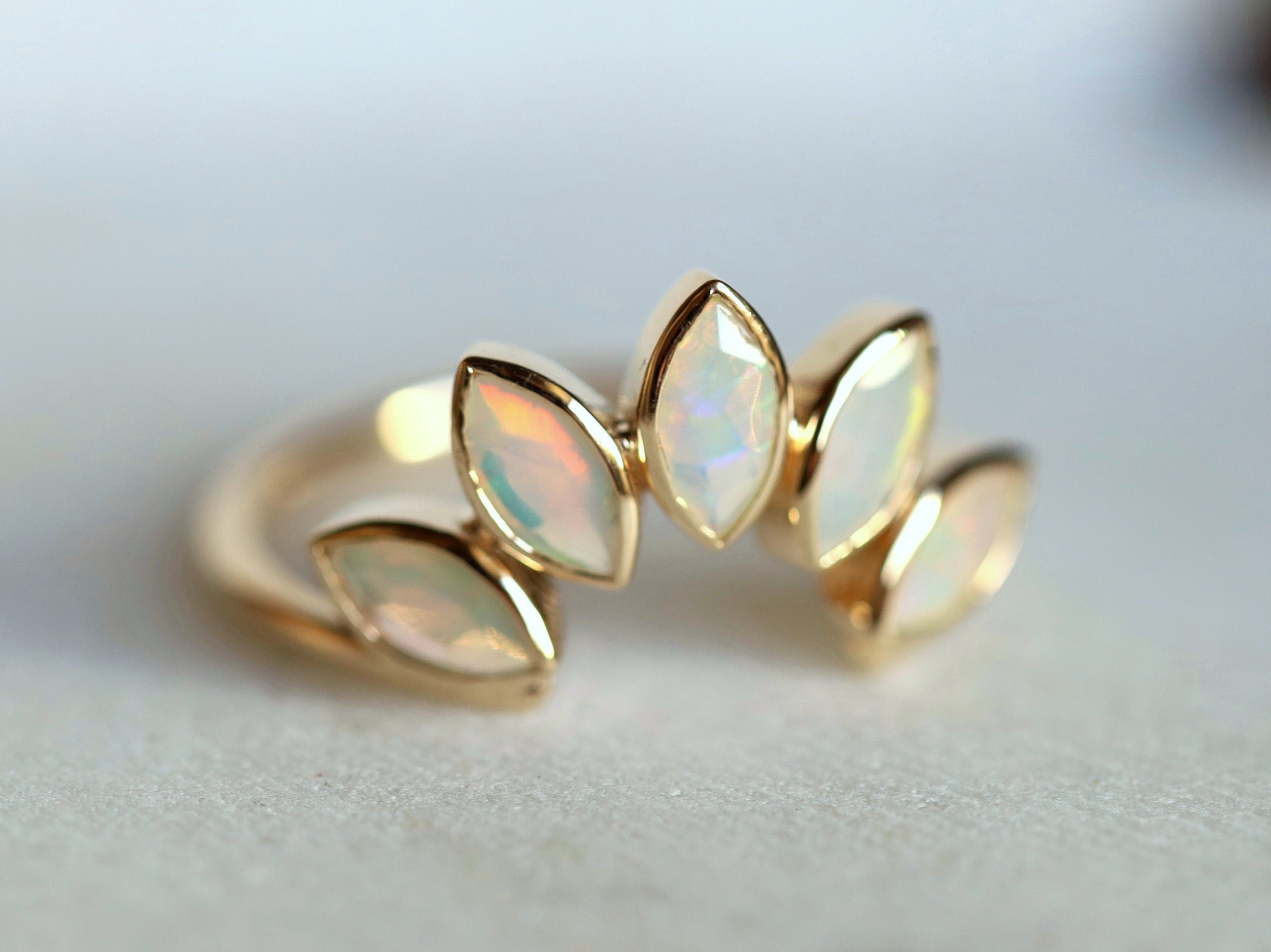 Opal Leaf Ring | Curved Gold Wedding Ring | Fire Opal October Birthstone Ring -