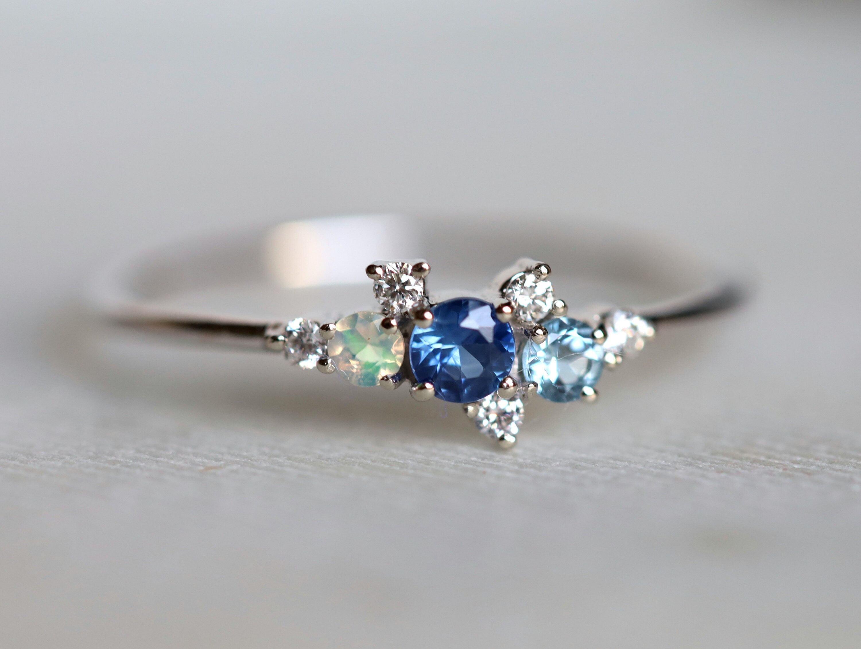 Sapphire Opal Aquamarine Diamond Cluster Ring | Birthstone Cluster Engagement Ring -