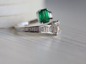 Diamond & Emerald Engagement Ring | Baguette Art Deco Vintage Ring | Adjustable Engagement Ring -