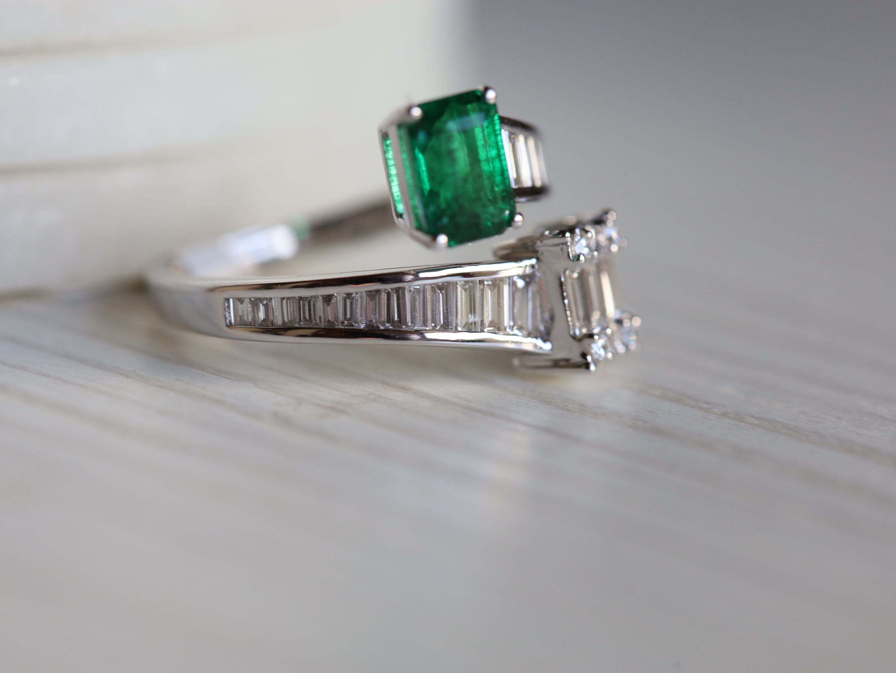 Diamond & Emerald Engagement Ring | Baguette Art Deco Vintage Ring | Adjustable Engagement Ring -