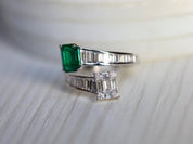 Diamond & Emerald Engagement Ring | Baguette Art Deco Vintage Ring | Adjustable Engagement Ring -