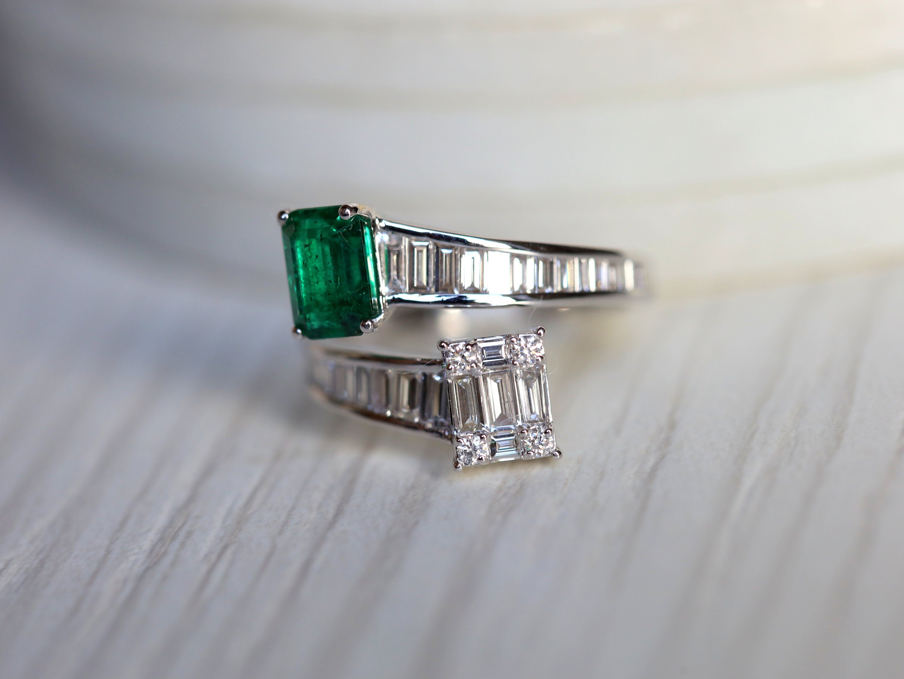 Diamond & Emerald Engagement Ring | Baguette Art Deco Vintage Ring | Adjustable Engagement Ring -
