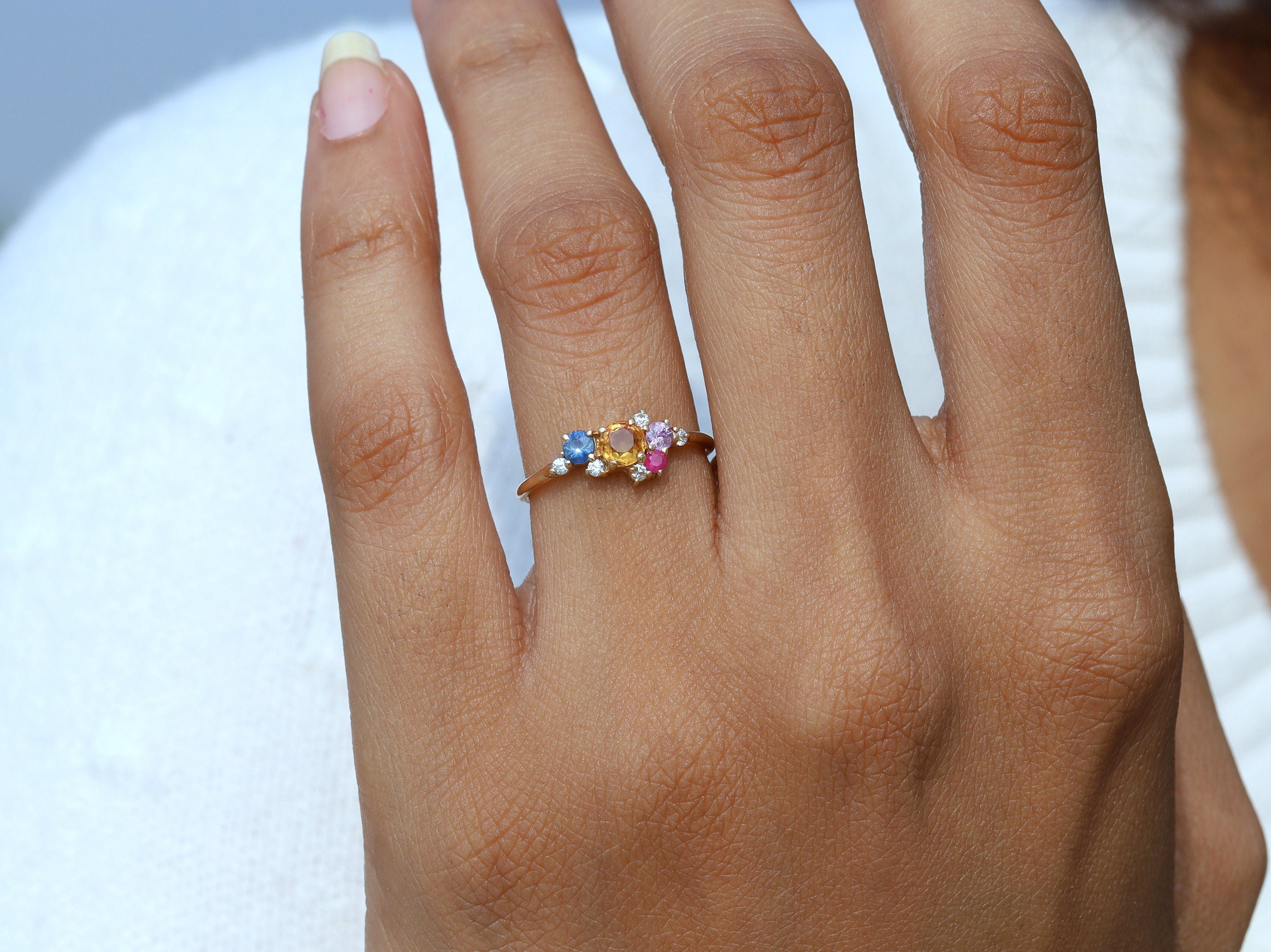 14k Solid Gold Multi Sapphire Cluster Engagement Ring | Sapphire & Diamond Ring -