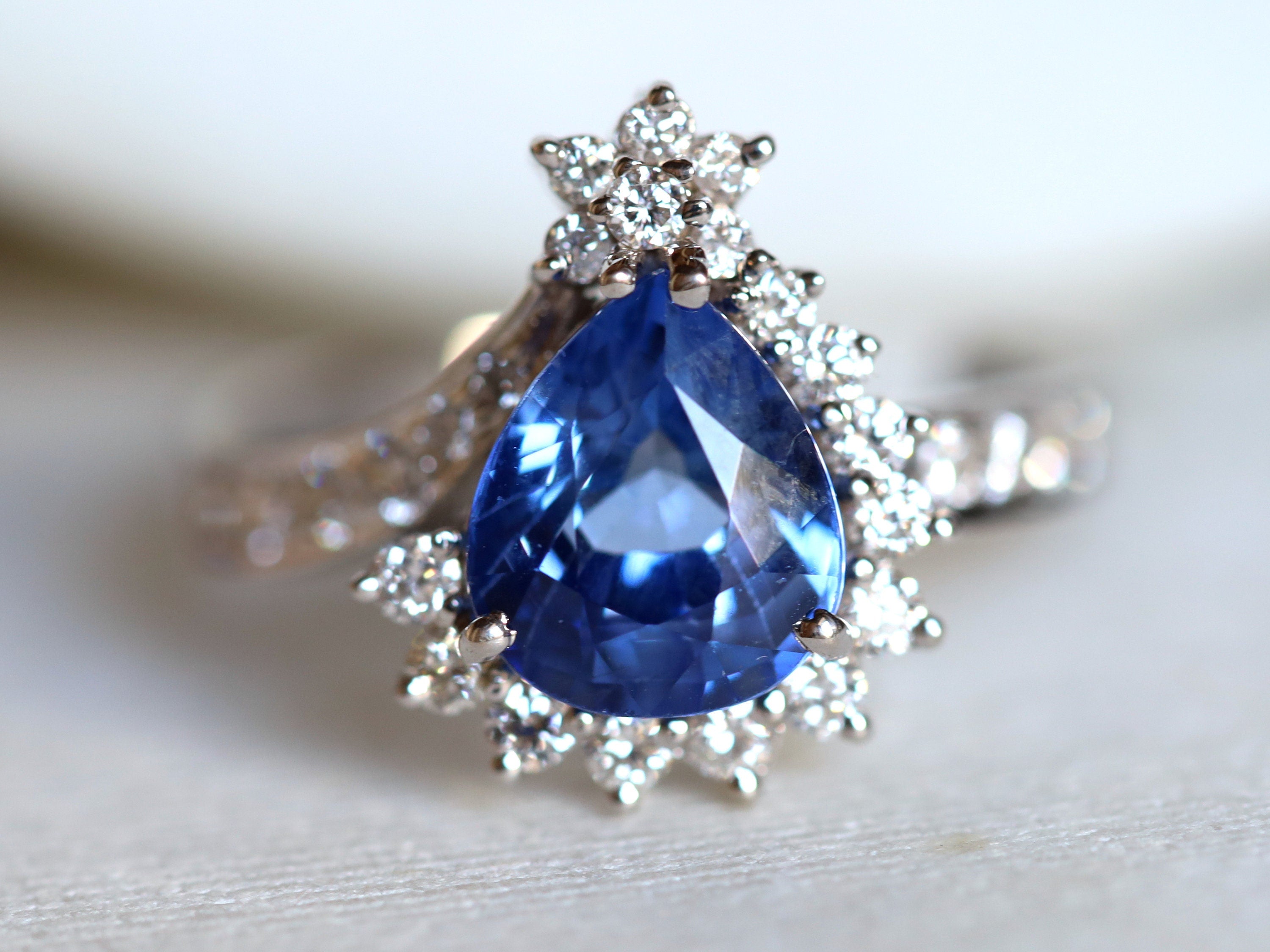 3ct Natural Blue Sapphire Engagement Ring | Art Deco Diamond Pear Cut Sapphire Engagement Ring -