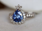 3ct Natural Blue Sapphire Engagement Ring | Art Deco Diamond Pear Cut Sapphire Engagement Ring -