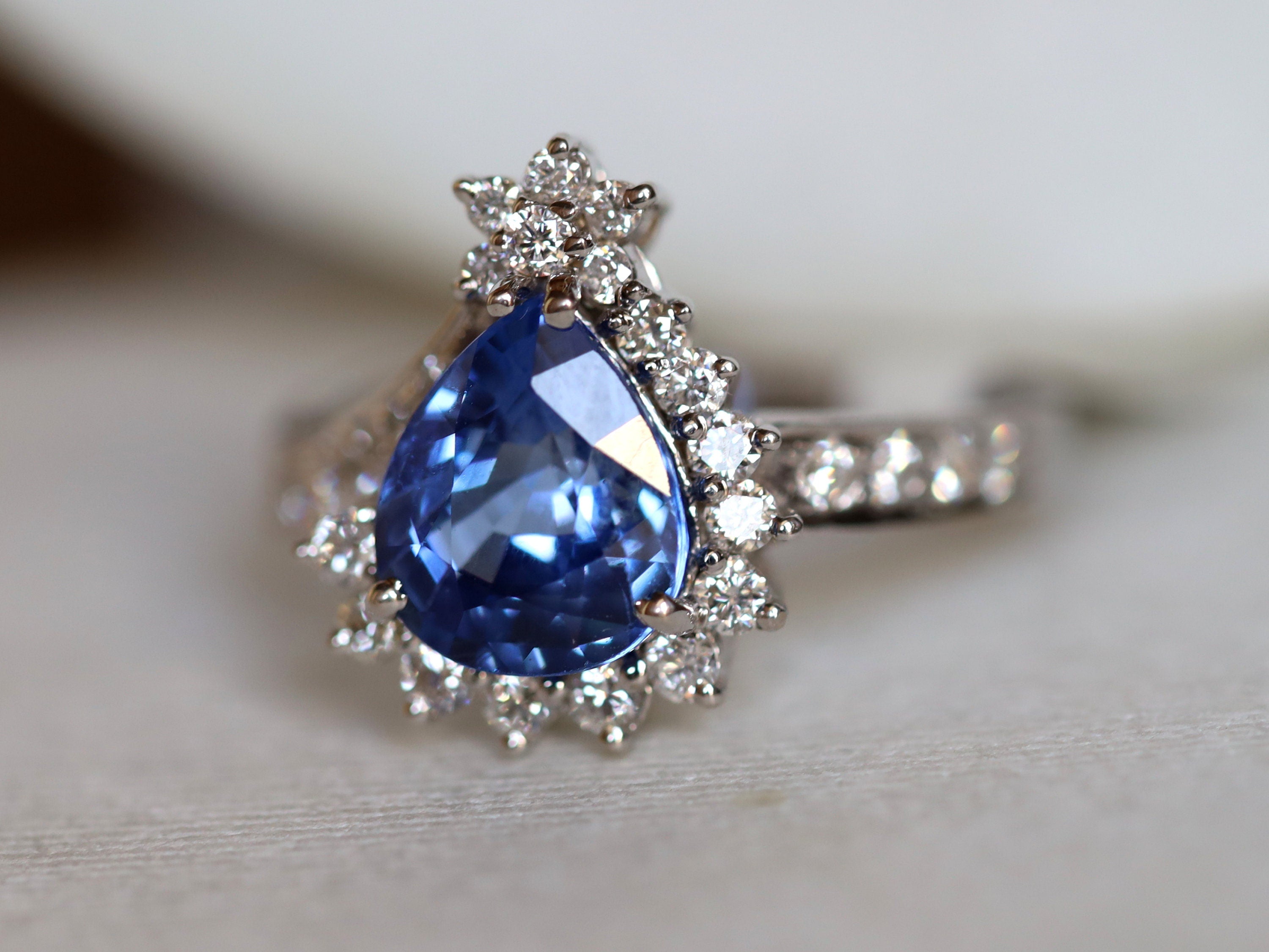 3ct Natural Blue Sapphire Engagement Ring | Art Deco Diamond Pear Cut Sapphire Engagement Ring -