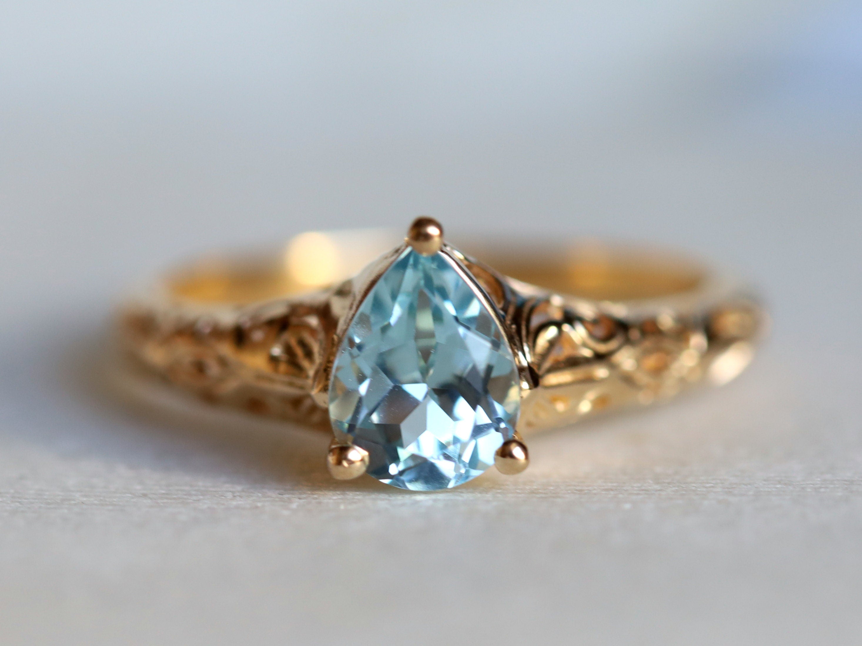 Solid Gold Aquamarine Engagement Ring | Art Deco Filigree Pear Cut Aquamarine Ring -