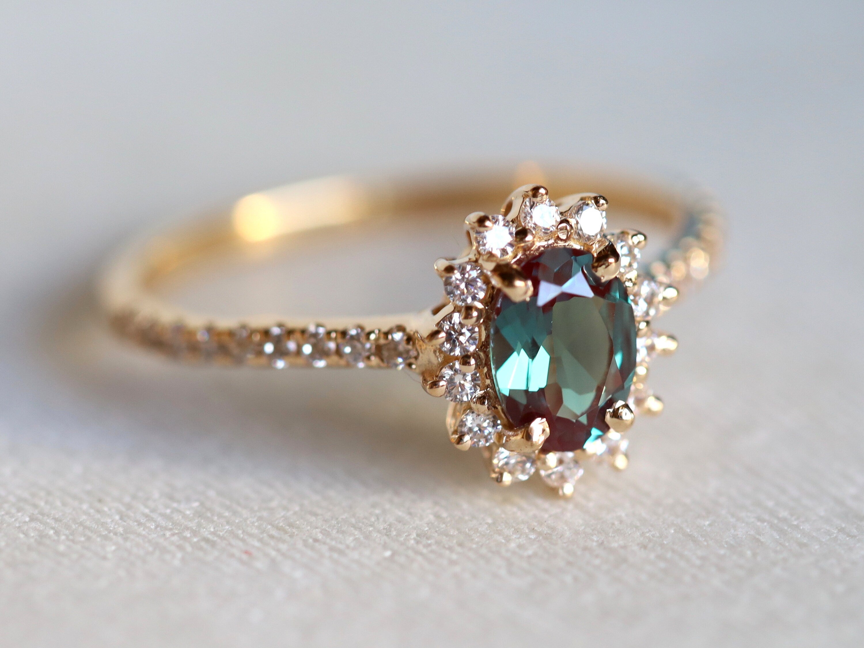 Alexandrite Engagement Ring | Oval Alexandrite Color Change Halo Ring | 14k Gold Bridal Ring -