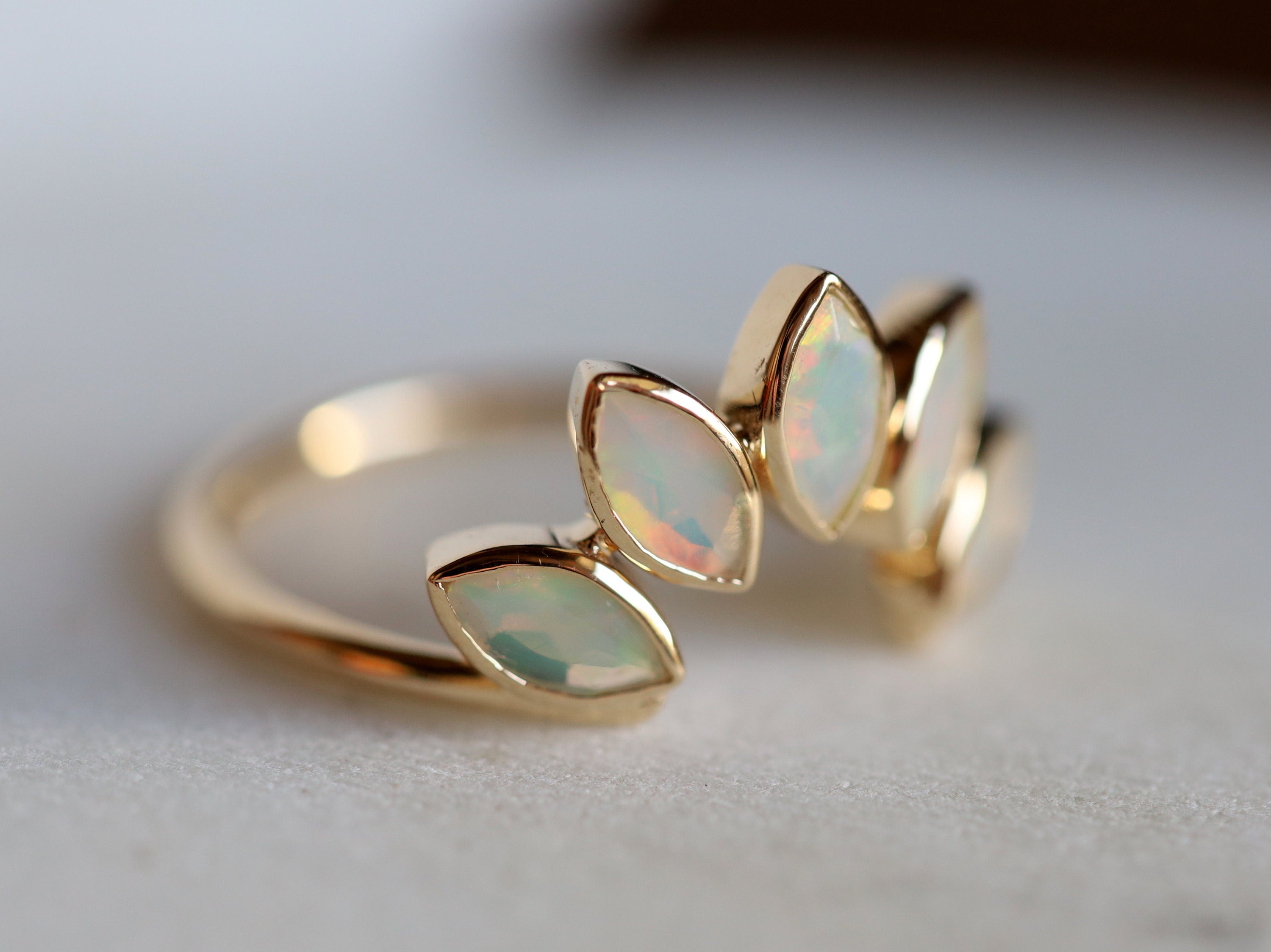 Opal Leaf Ring | Curved Gold Wedding Ring | Fire Opal October Birthstone Ring -