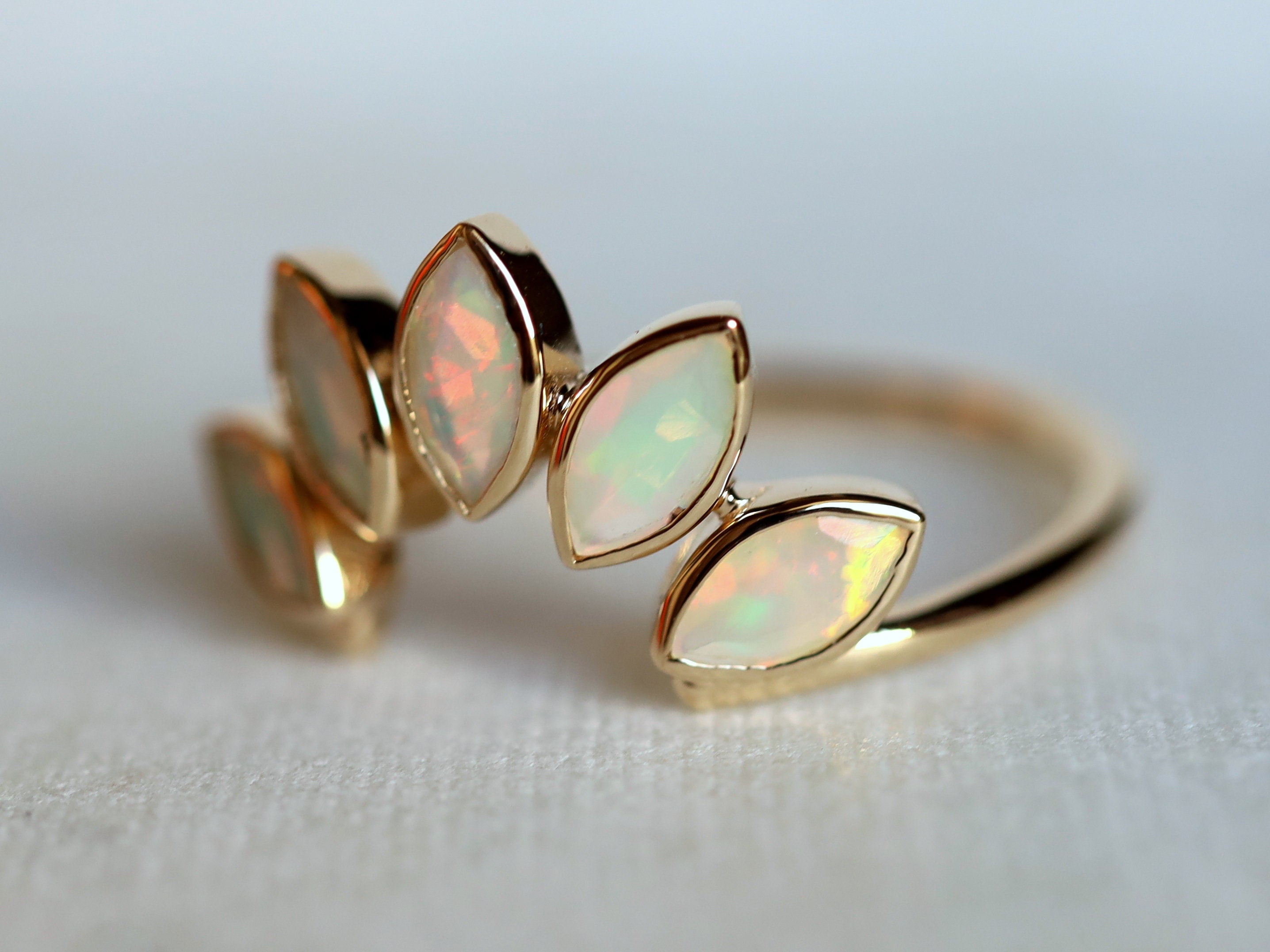 Opal Leaf Ring | Curved Gold Wedding Ring | Fire Opal October Birthstone Ring -