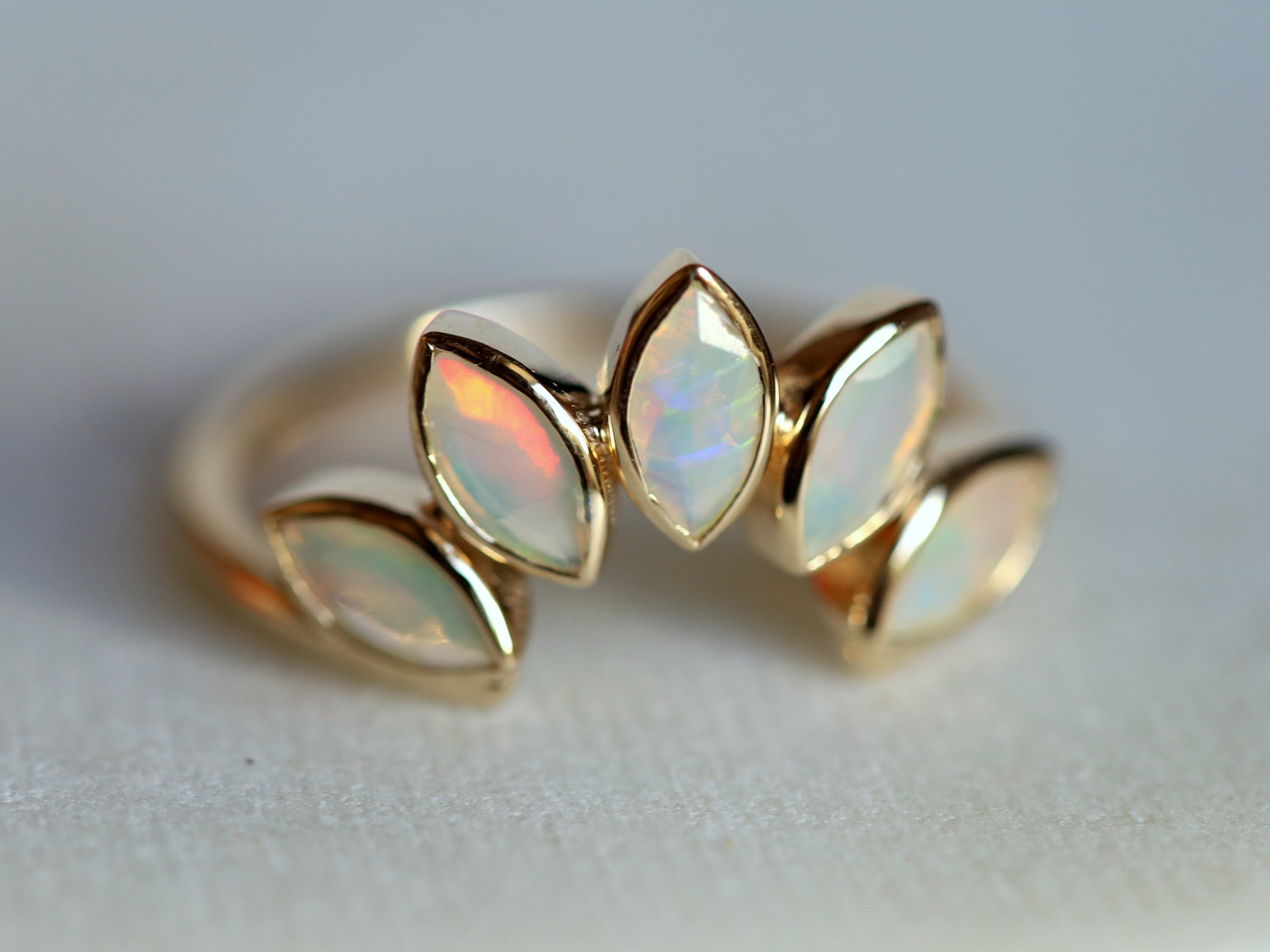 Opal Leaf Ring | Curved Gold Wedding Ring | Fire Opal October Birthstone Ring -