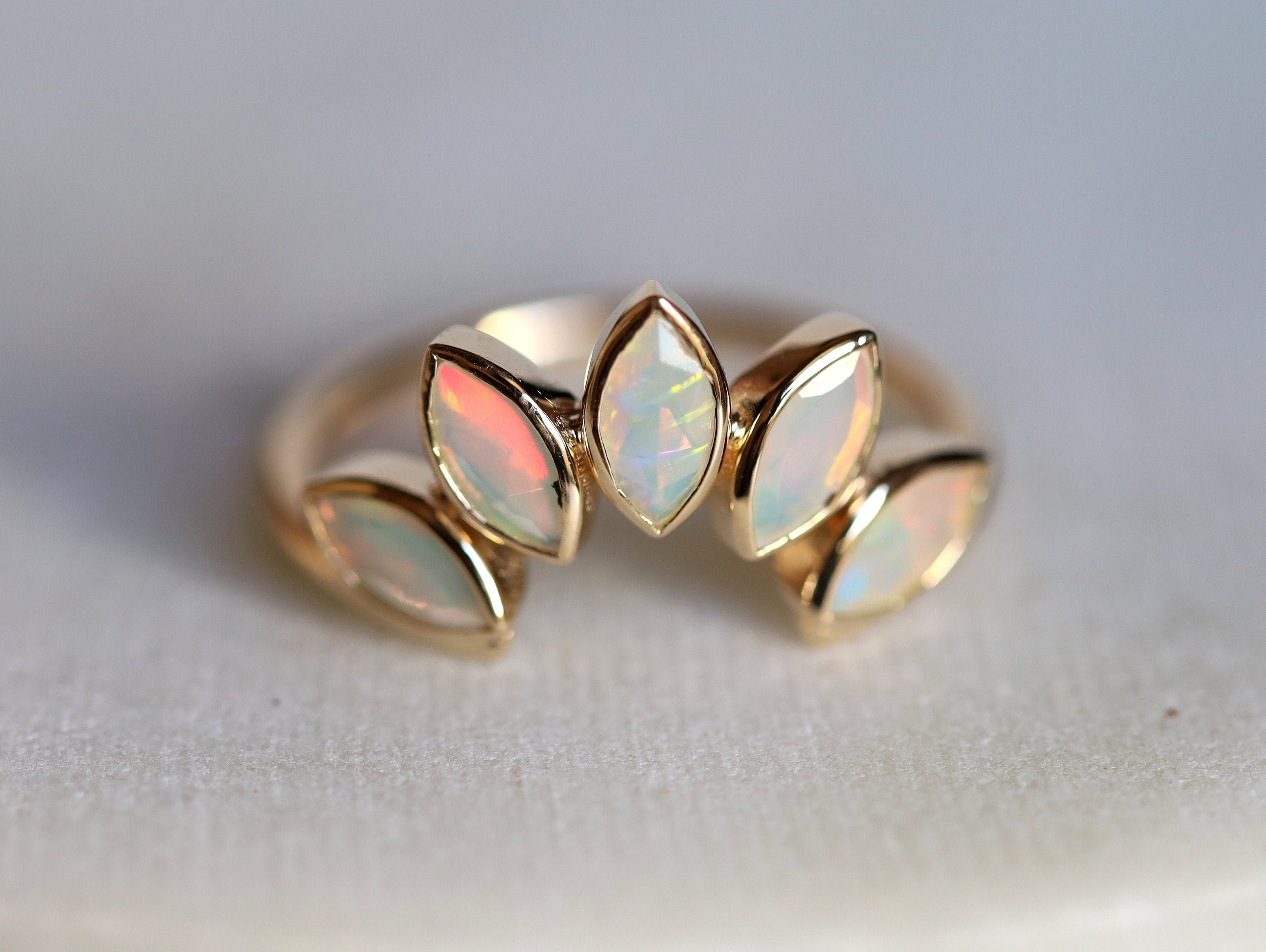 Opal Leaf Ring | Curved Gold Wedding Ring | Fire Opal October Birthstone Ring -