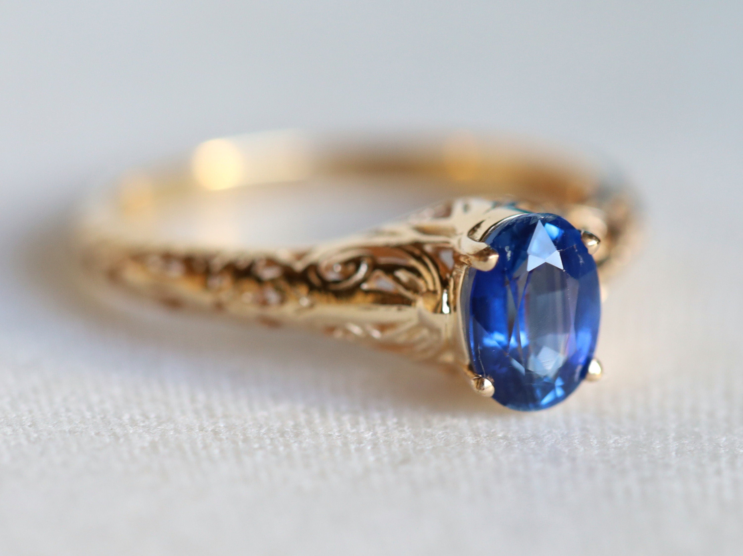 Sapphire Engagement Ring | Filigree Oval Cut Band | Art Deco Jewelry -