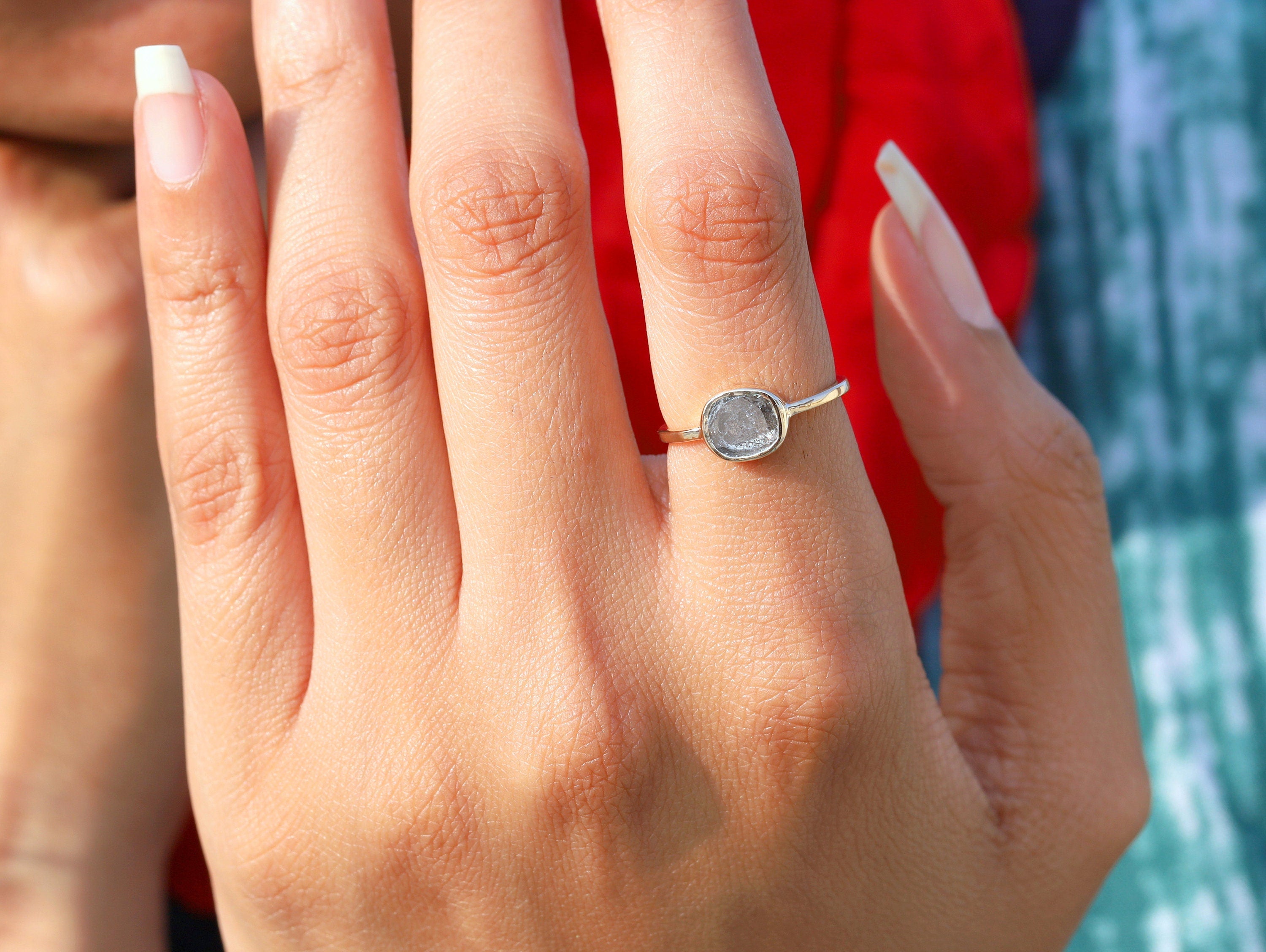 Salt & Pepper Diamond Stacking Ring | 1.5ct Gray Rose Cut Diamond Ring | Unique Engagement Ring -
