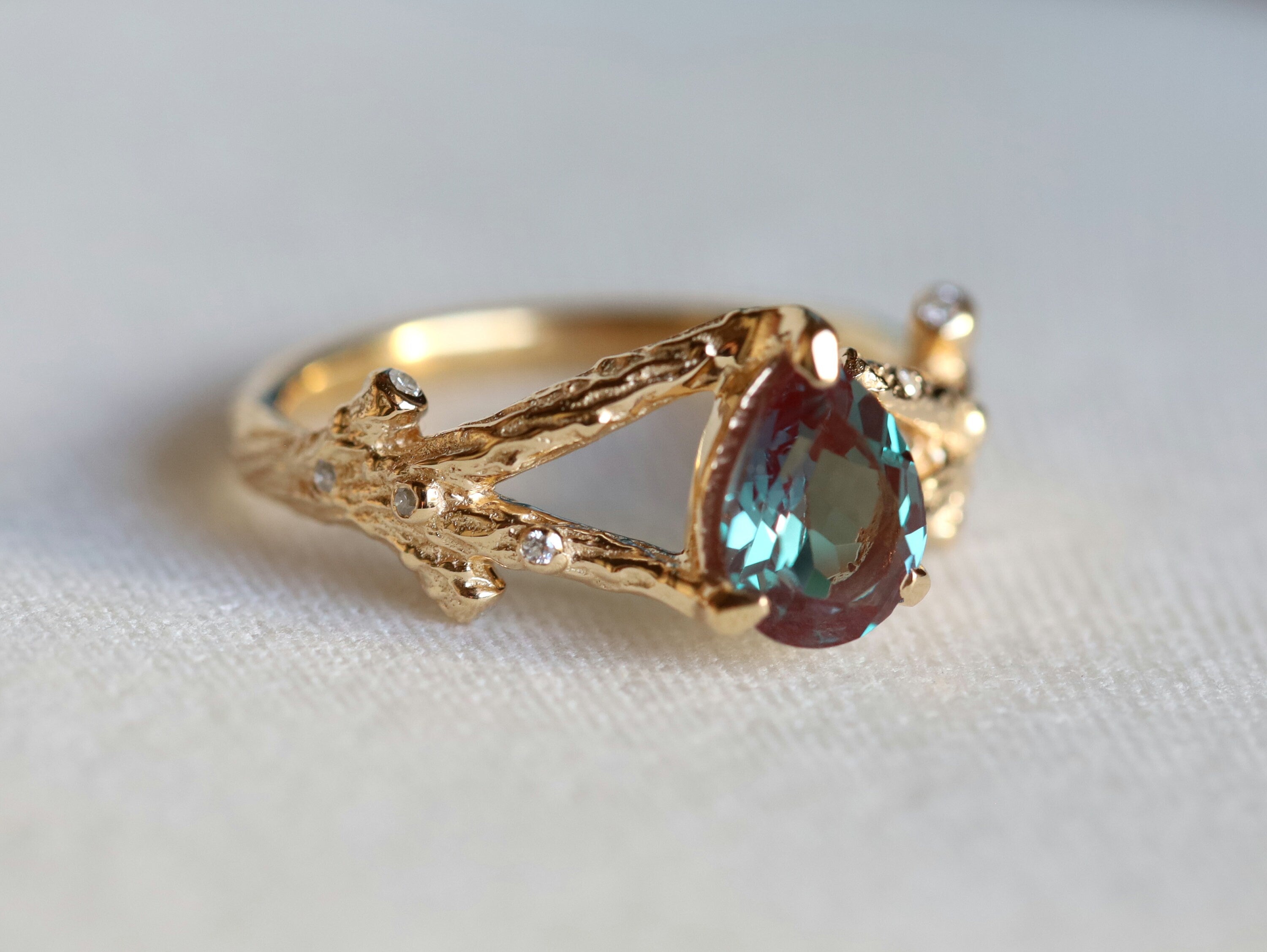 Alexandrite Engagement Ring | Color Change Pear Cut Ring | 14k Gold Diamond Accent Ring -