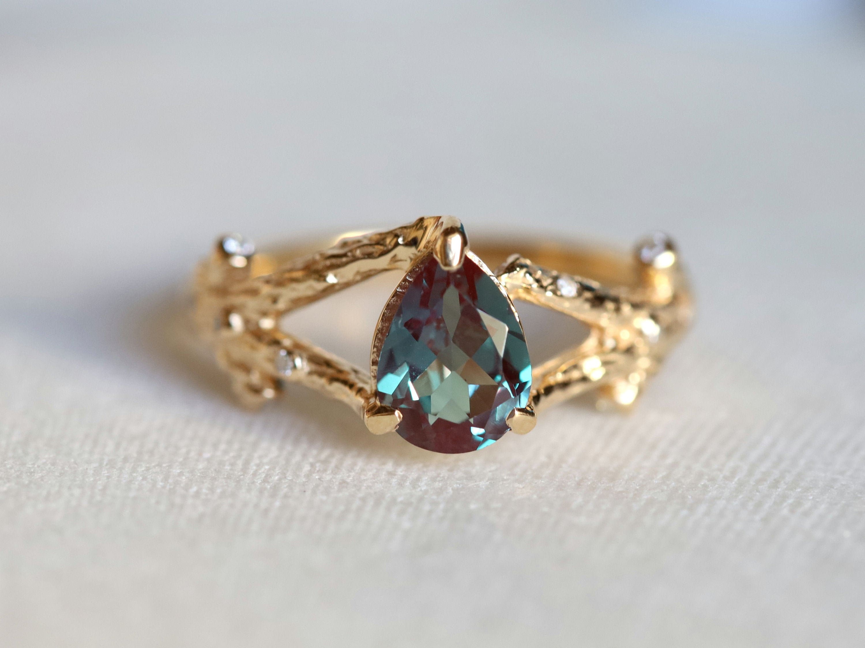 Alexandrite Engagement Ring | Color Change Pear Cut Ring | 14k Gold Diamond Accent Ring -