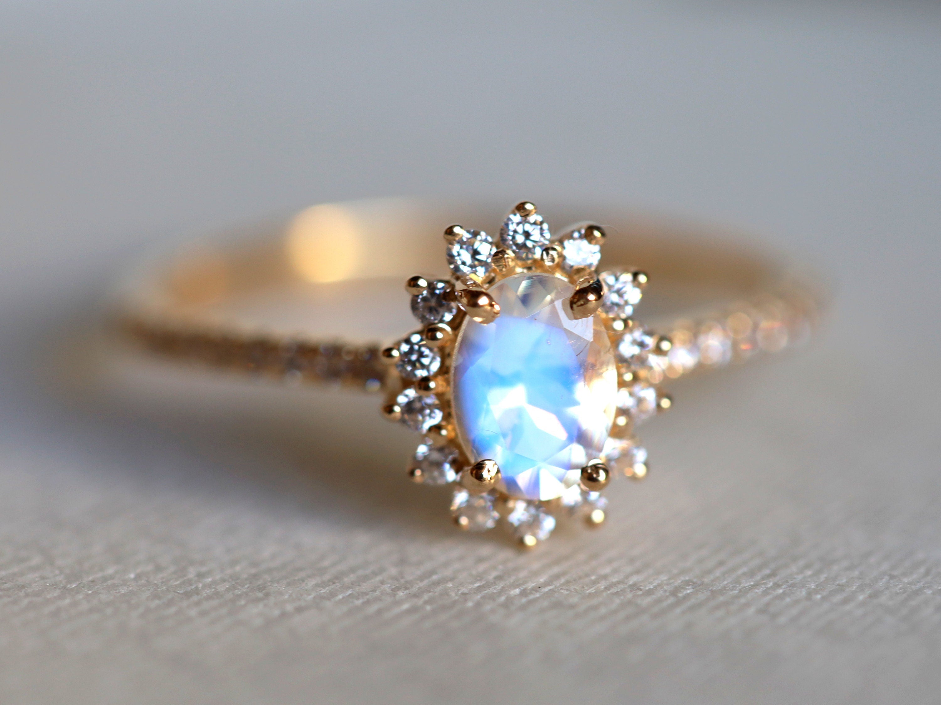 Moonstone & Diamond Halo Engagement Ring | Rainbow Moonstone Ring | Anniversary Gift -