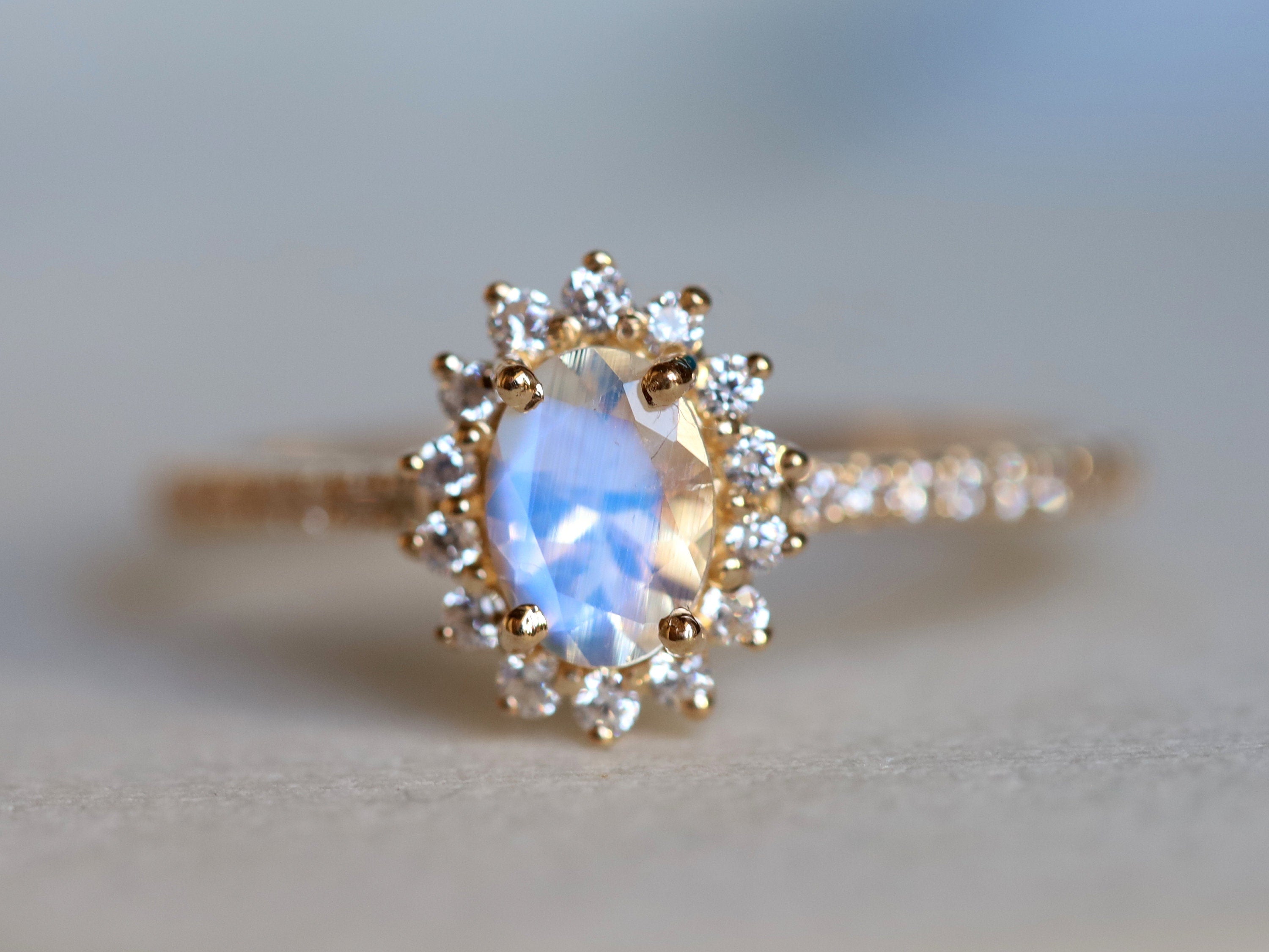 Moonstone & Diamond Halo Engagement Ring | Rainbow Moonstone Ring | Anniversary Gift -
