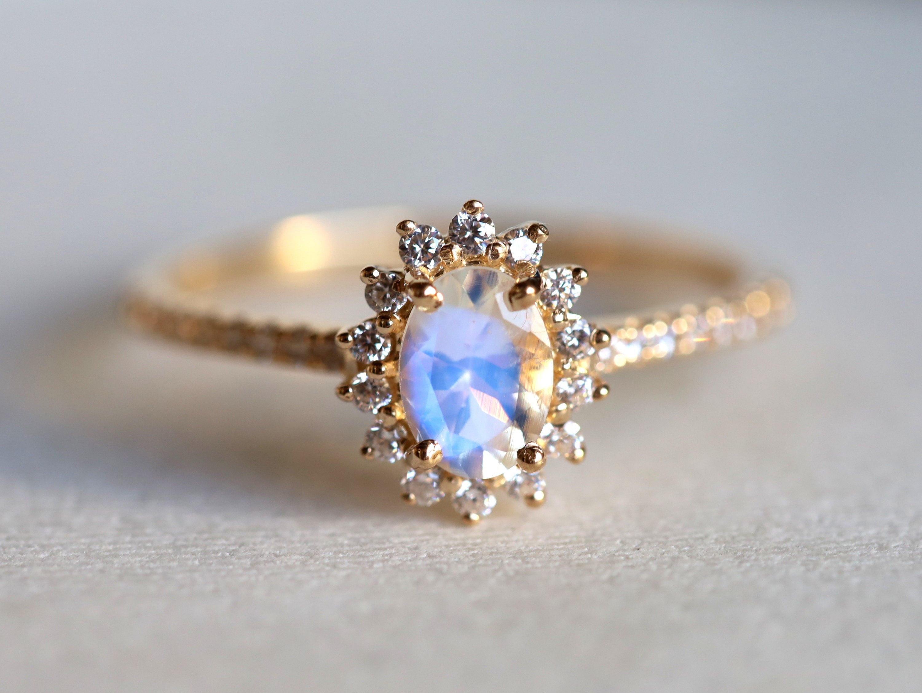 Moonstone & Diamond Halo Engagement Ring | Rainbow Moonstone Ring | Anniversary Gift -