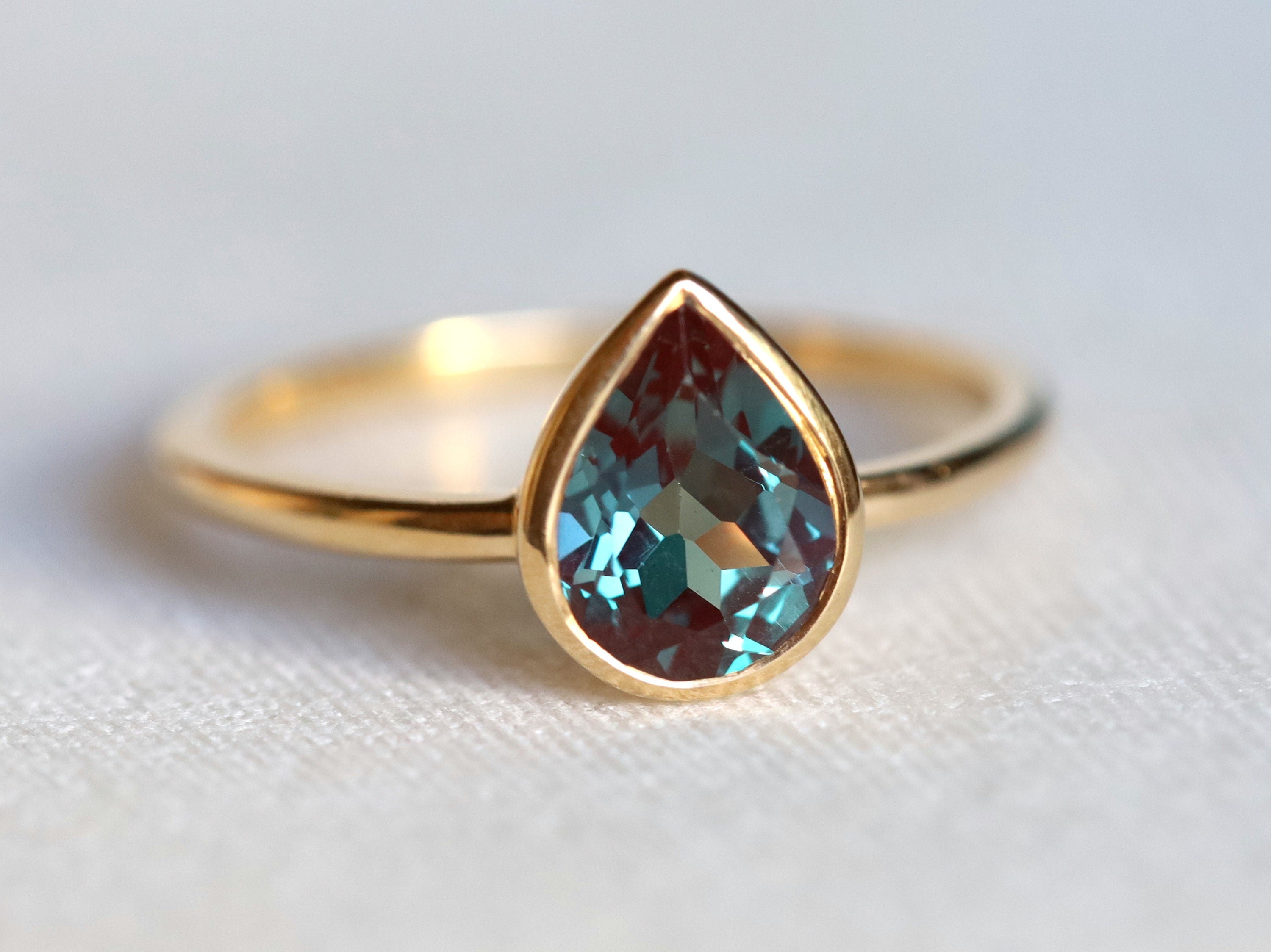 Alexandrite Engagement Ring | Pear Cut Color Change Alexandrite Ring | 14k Gold Bridal Ring -