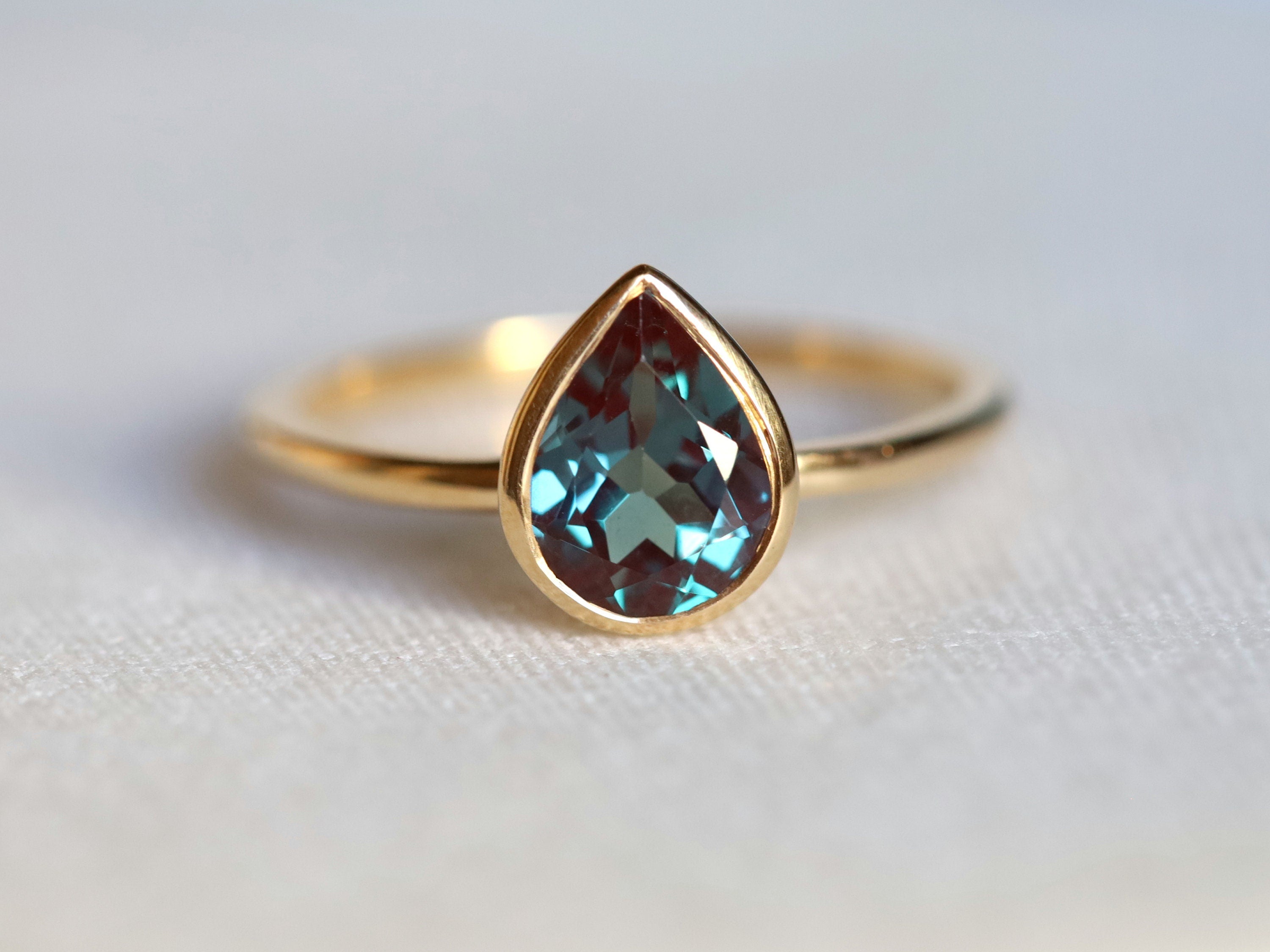 Alexandrite Engagement Ring | Pear Cut Color Change Alexandrite Ring | 14k Gold Bridal Ring -