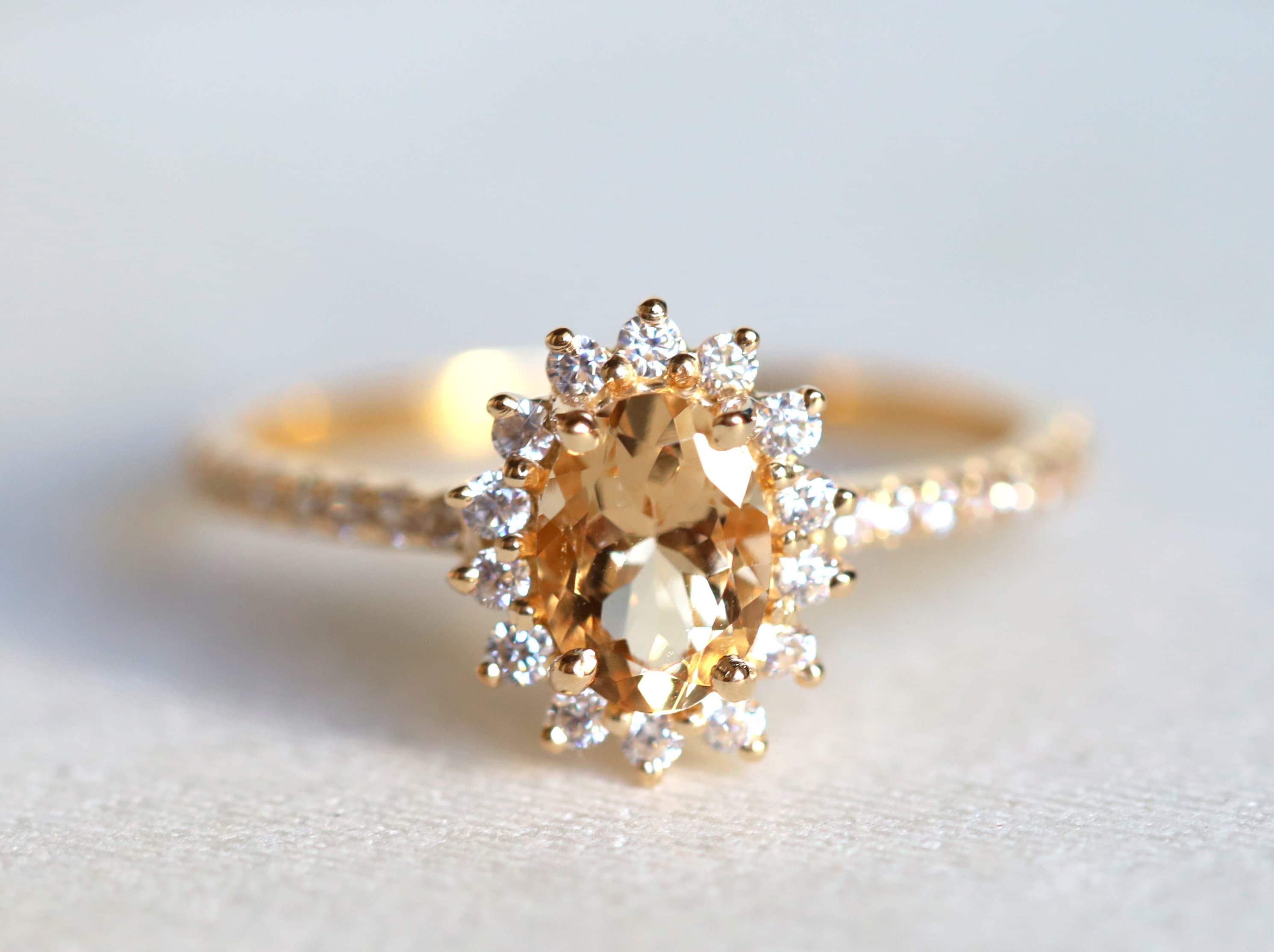 Morganite Engagement Ring | Art Deco Oval Cut Morganite Ring | Peach Morganite & Diamond Ring -
