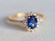 Blue Sapphire Ring | Art Deco Engagement Ring | Sapphire & Diamond Halo -