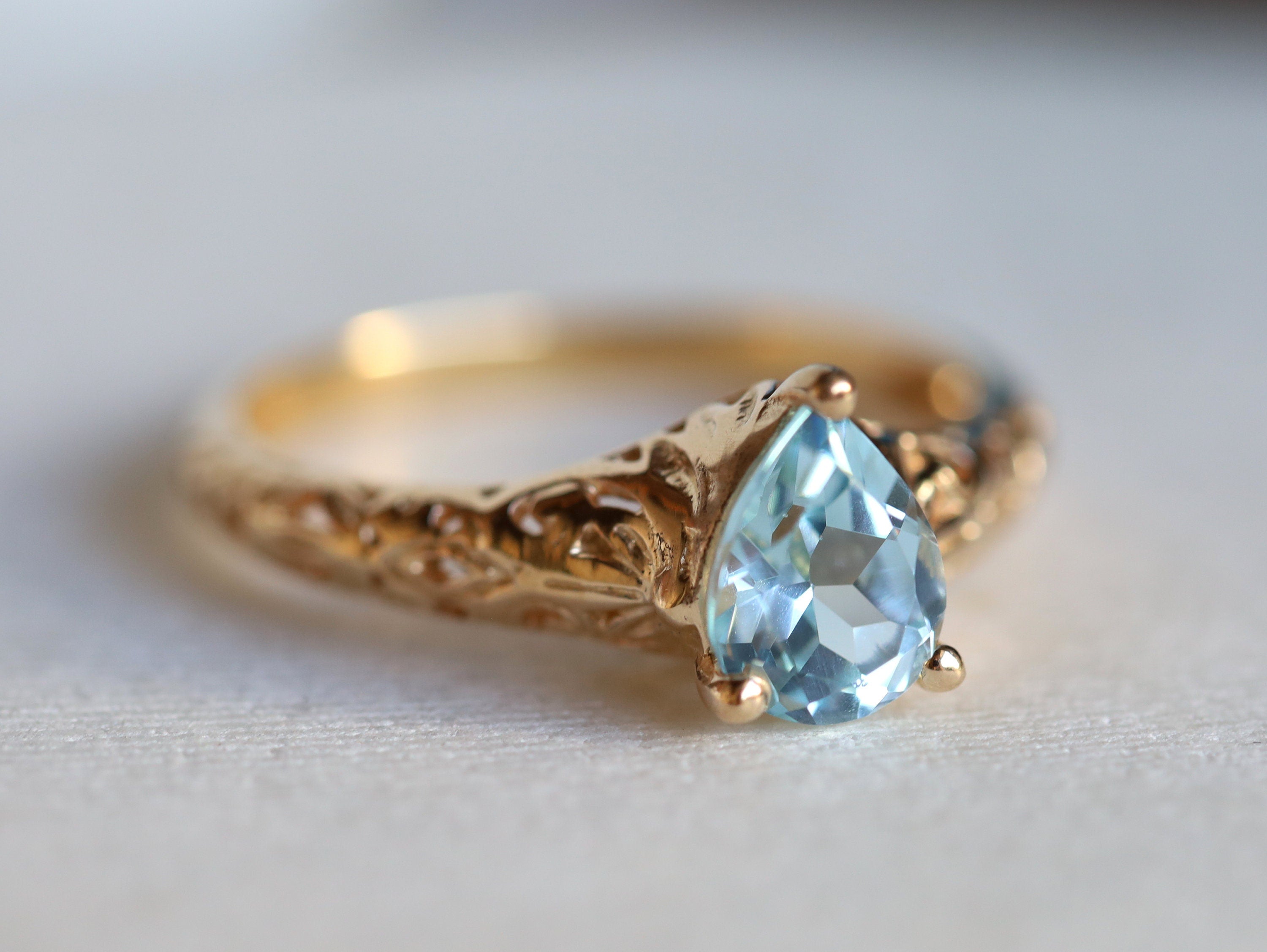 Solid Gold Aquamarine Engagement Ring | Art Deco Filigree Pear Cut Aquamarine Ring -