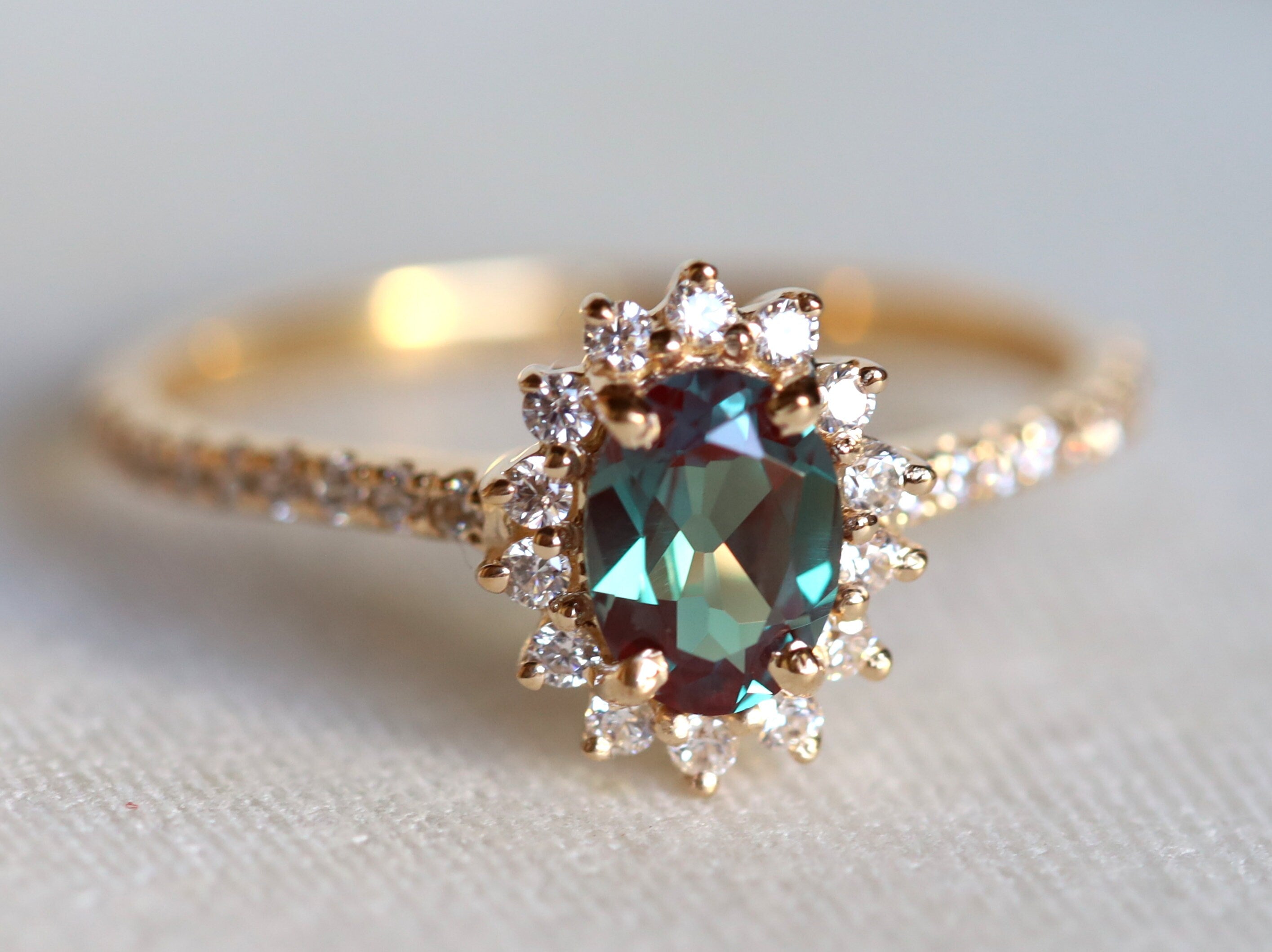 Alexandrite Engagement Ring | Oval Alexandrite Color Change Halo Ring | 14k Gold Bridal Ring -