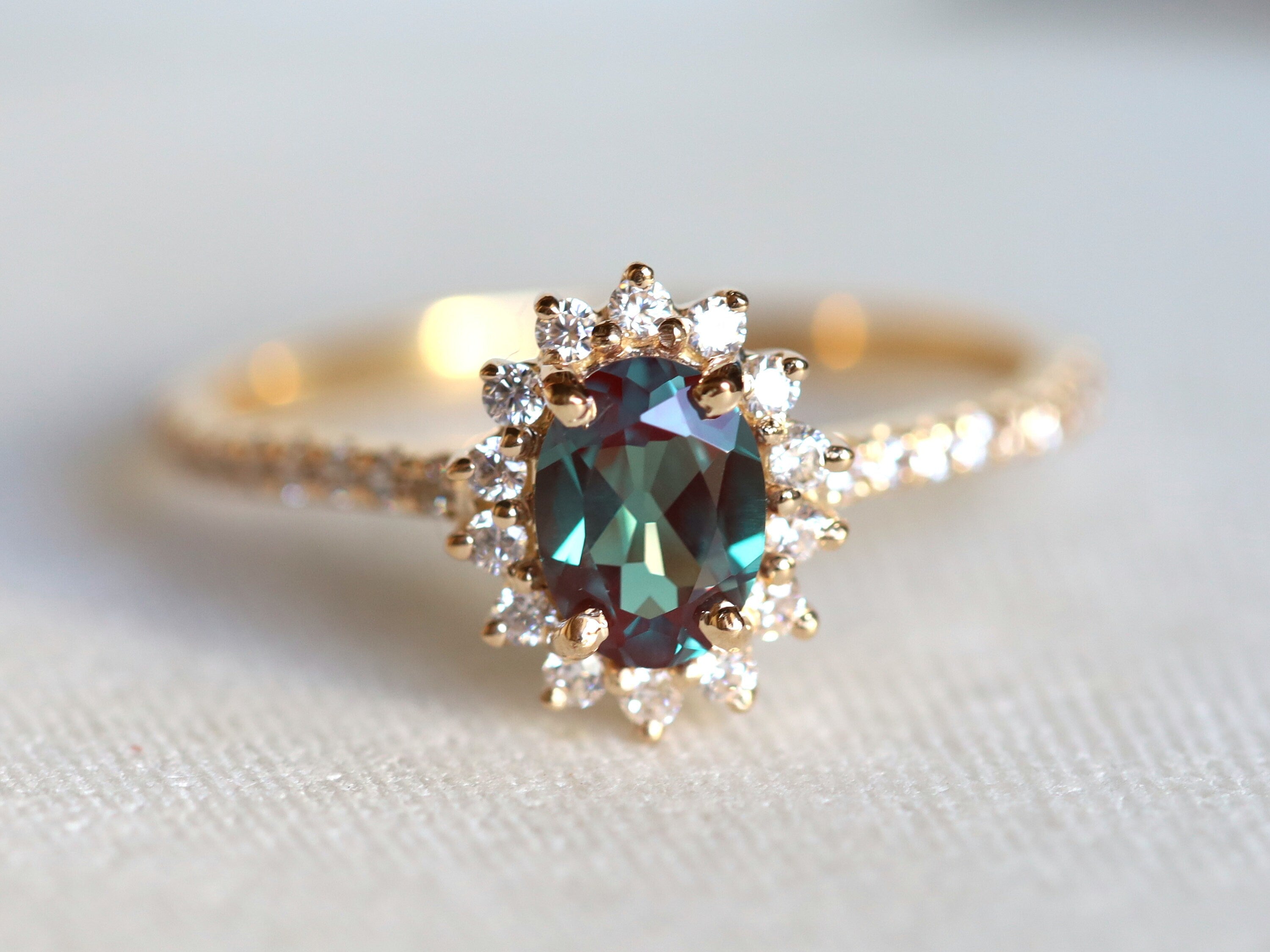Alexandrite Engagement Ring | Oval Alexandrite Color Change Halo Ring | 14k Gold Bridal Ring -