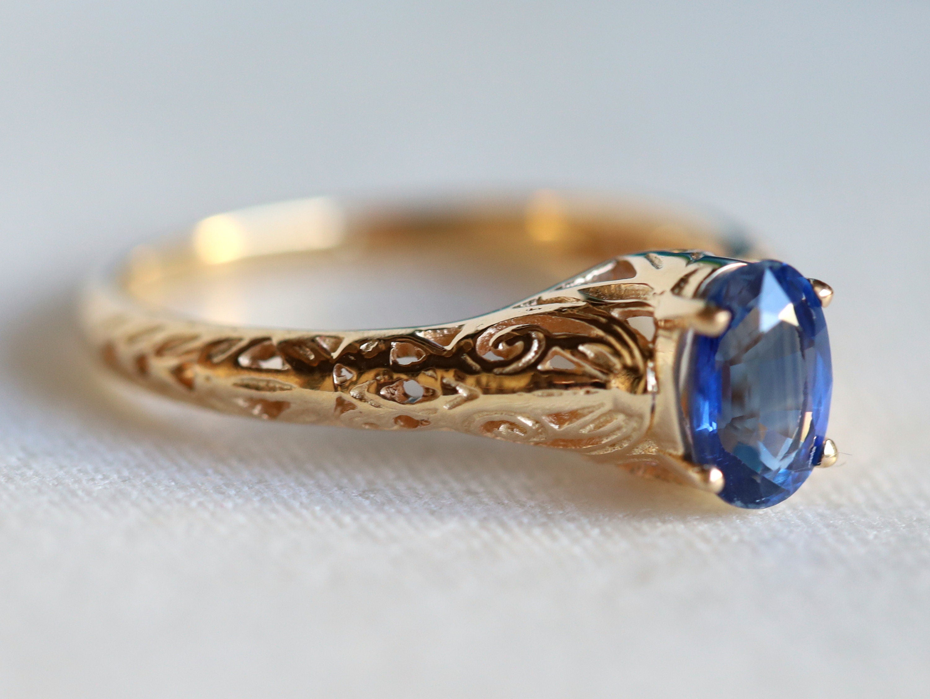 Sapphire Engagement Ring | Filigree Oval Cut Band | Art Deco Jewelry -