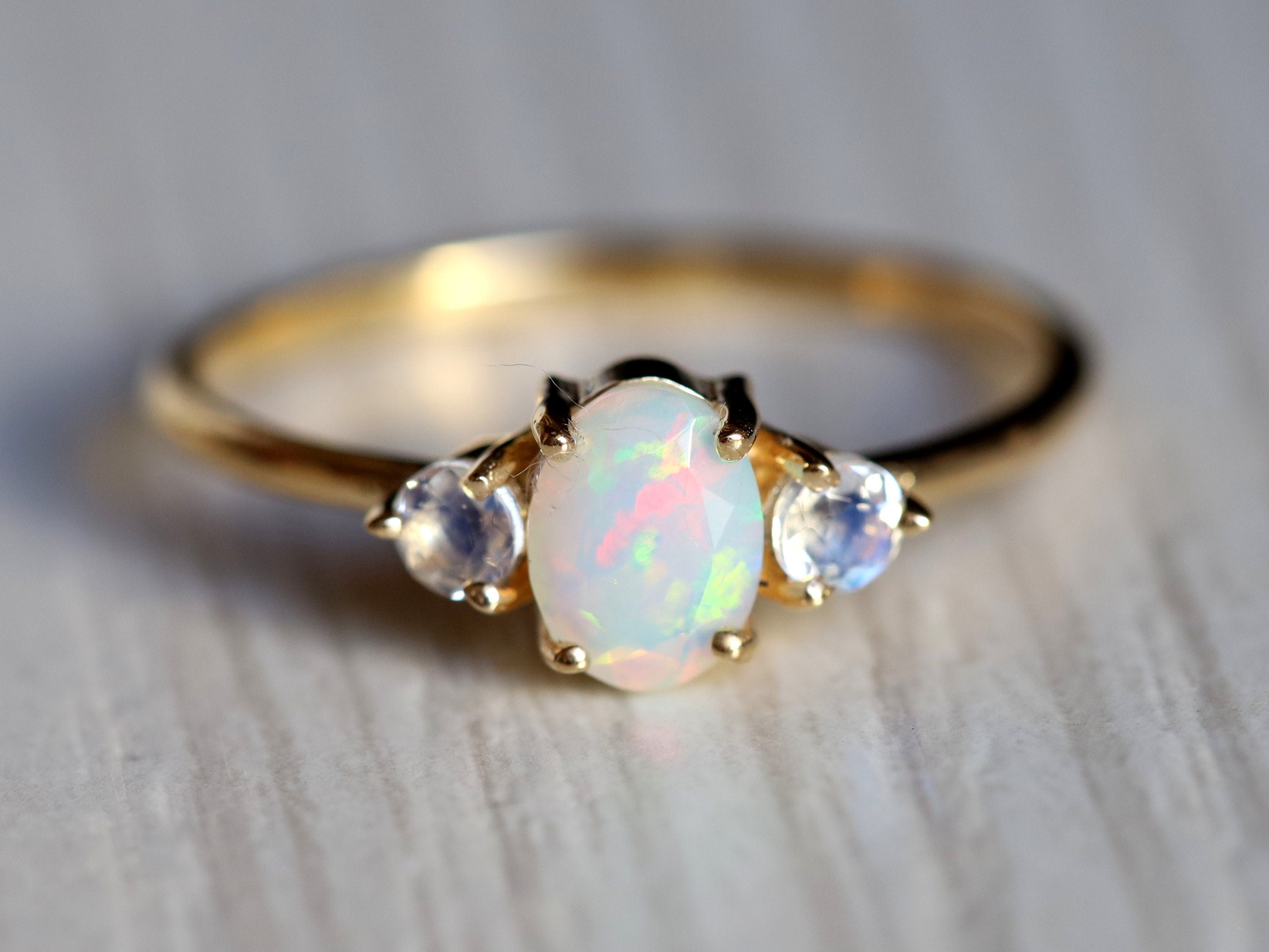 Opal Engagement Ring | Fire Opal & Moonstone Rose Gold Ring | Oval Cut Bridal Ring -