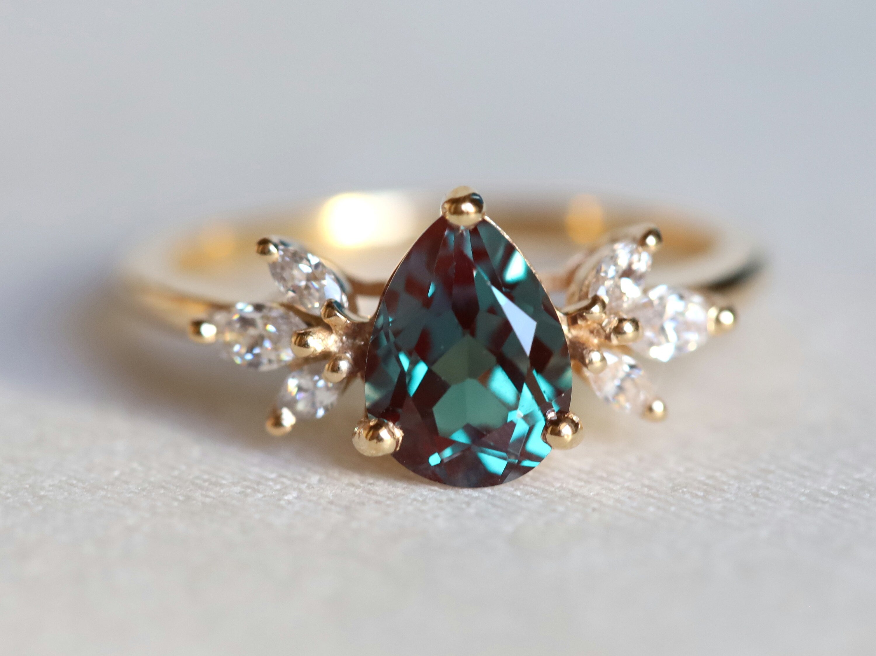 Alexandrite Engagement Ring | Pear Alexandrite Ring | 14k Gold Bridal Ring -