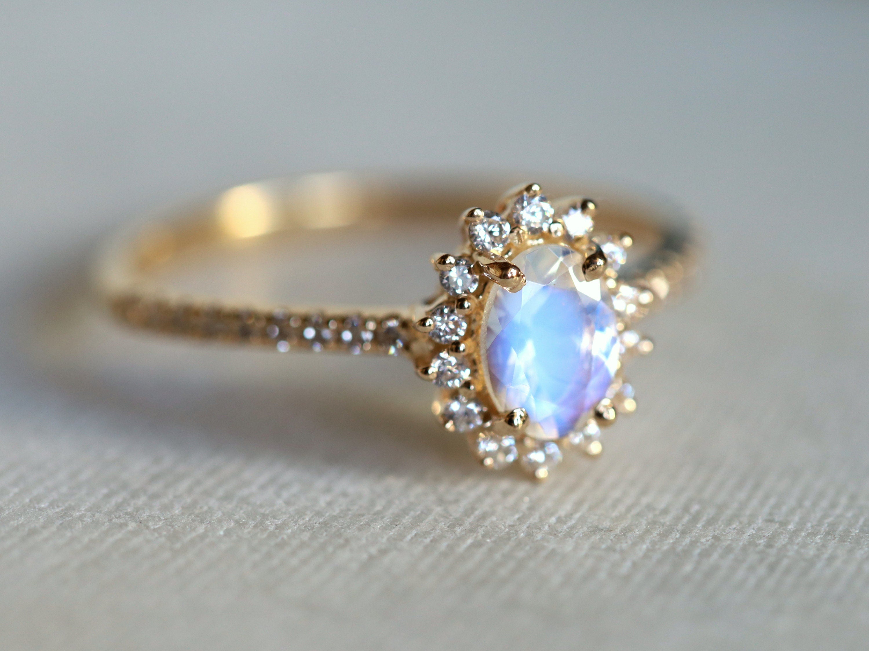 Moonstone & Diamond Halo Engagement Ring | Rainbow Moonstone Ring | Anniversary Gift -