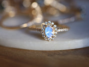 Moonstone & Diamond Halo Engagement Ring | Rainbow Moonstone Ring | Anniversary Gift -