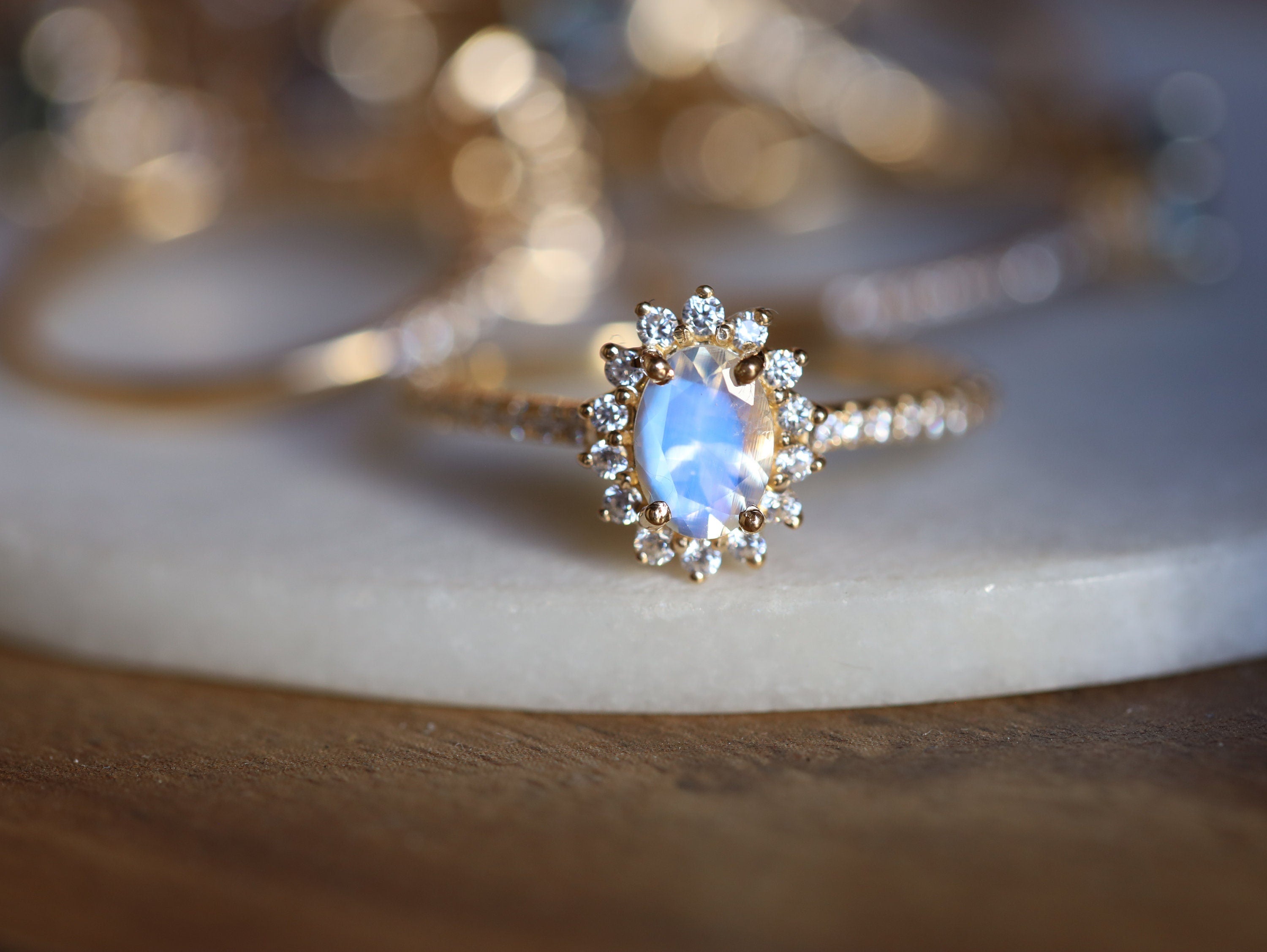 Moonstone & Diamond Halo Engagement Ring | Rainbow Moonstone Ring | Anniversary Gift -