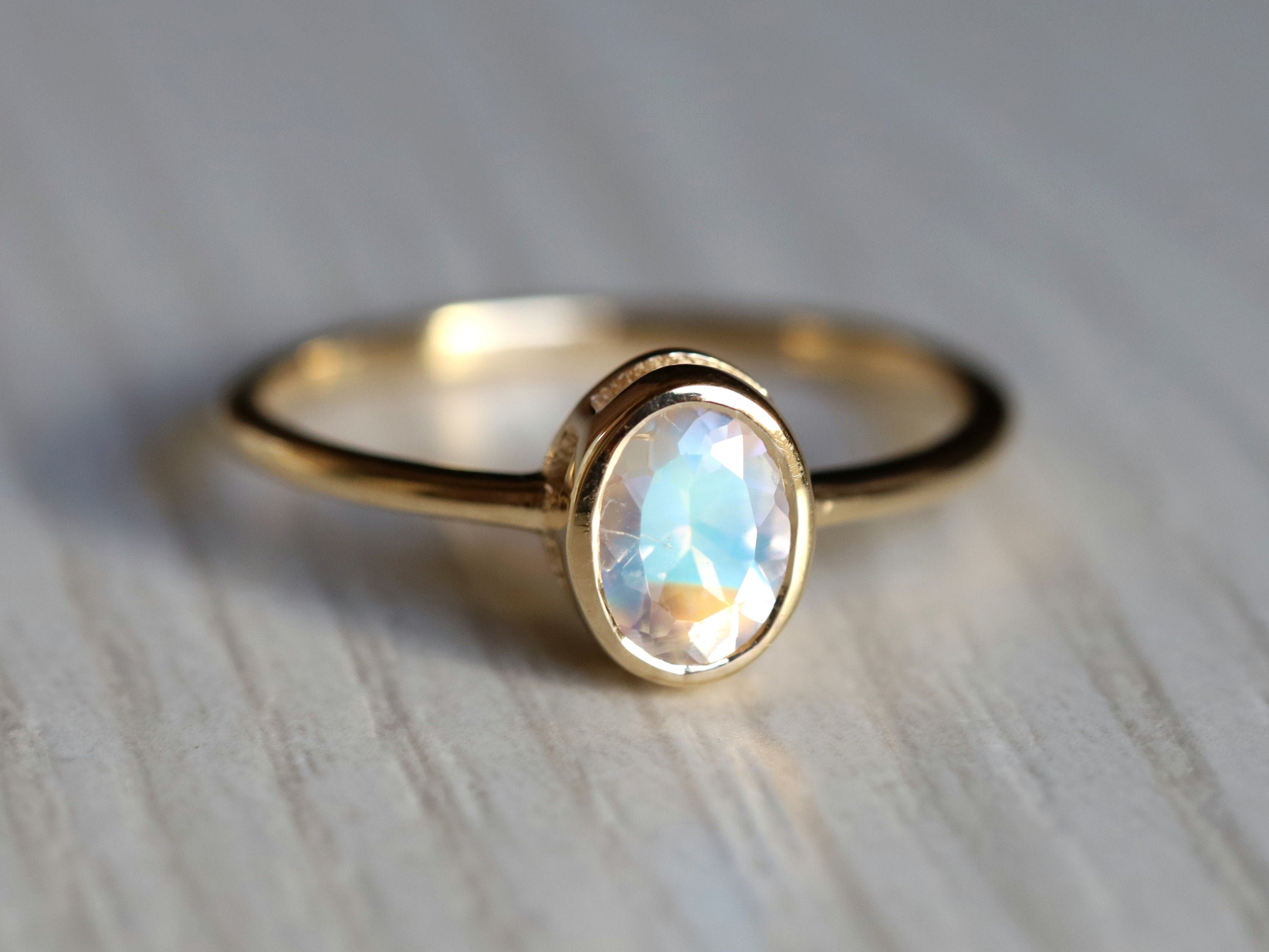 Rainbow Moonstone Engagement Ring | Oval Cut Bezel Moonstone | Anniversary Gift for Her -