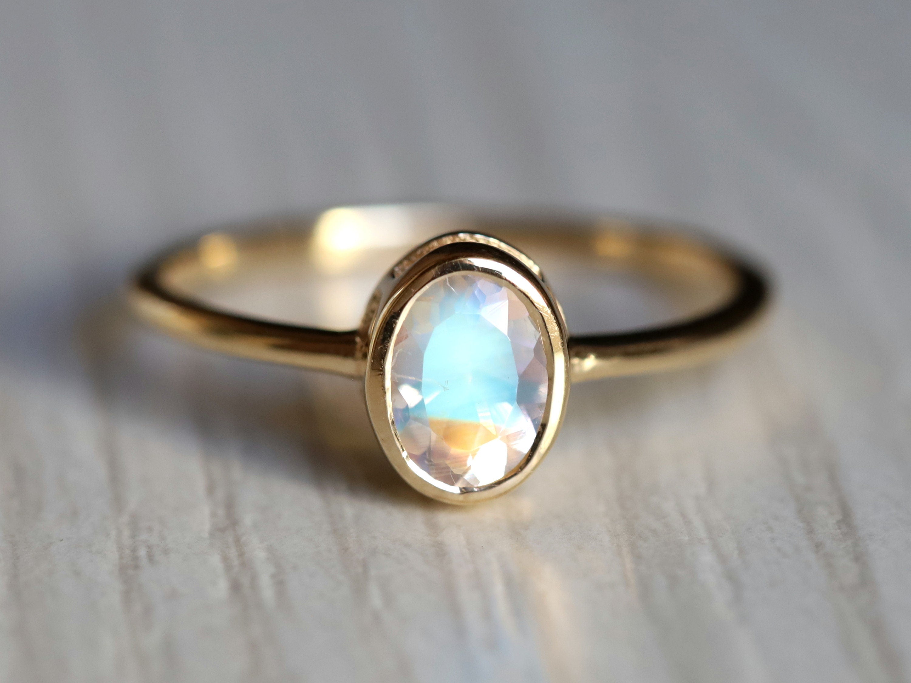 Rainbow Moonstone Engagement Ring | Oval Cut Bezel Moonstone | Anniversary Gift for Her -