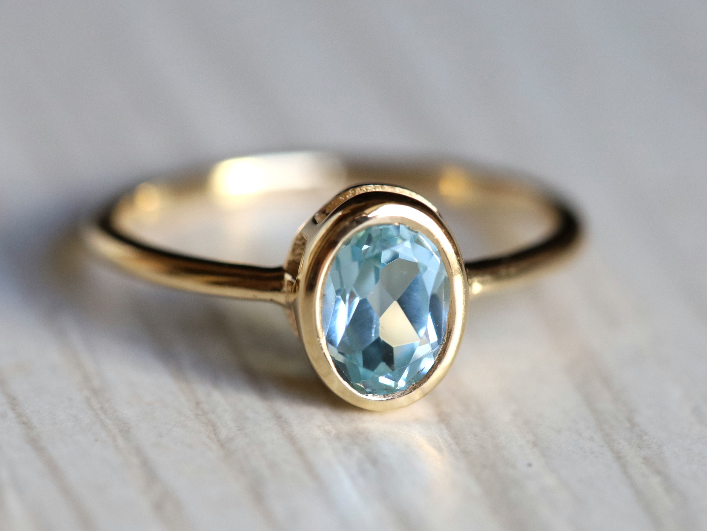 Aquamarine Engagement Ring | Oval Cut | March Birthstone | Solid Gold Bezel Set -