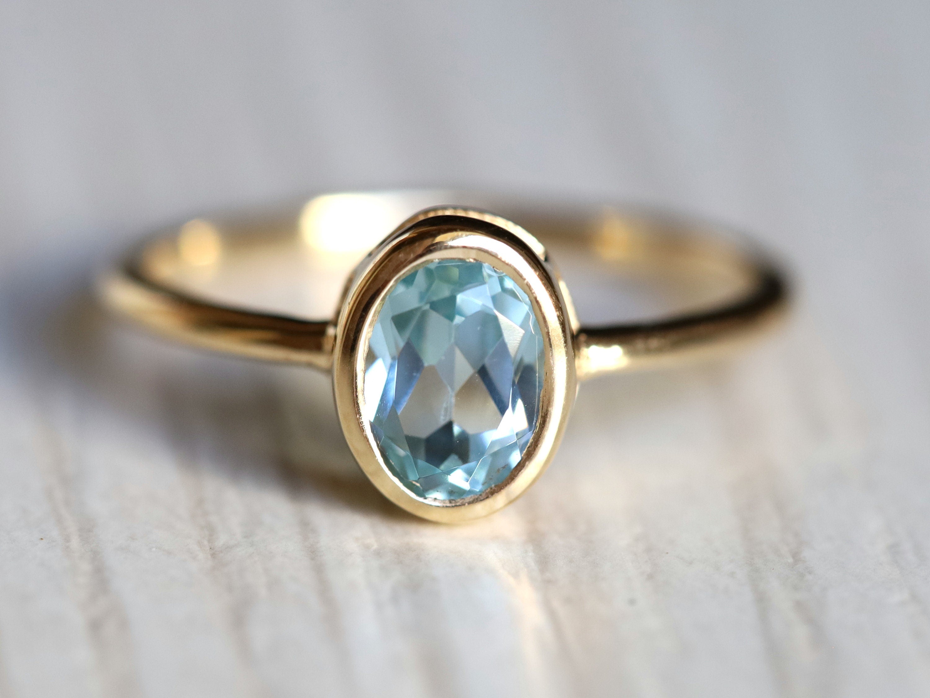 Aquamarine Engagement Ring | Oval Cut | March Birthstone | Solid Gold Bezel Set -