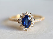 Blue Sapphire Ring | Art Deco Engagement Ring | Sapphire & Diamond Halo -