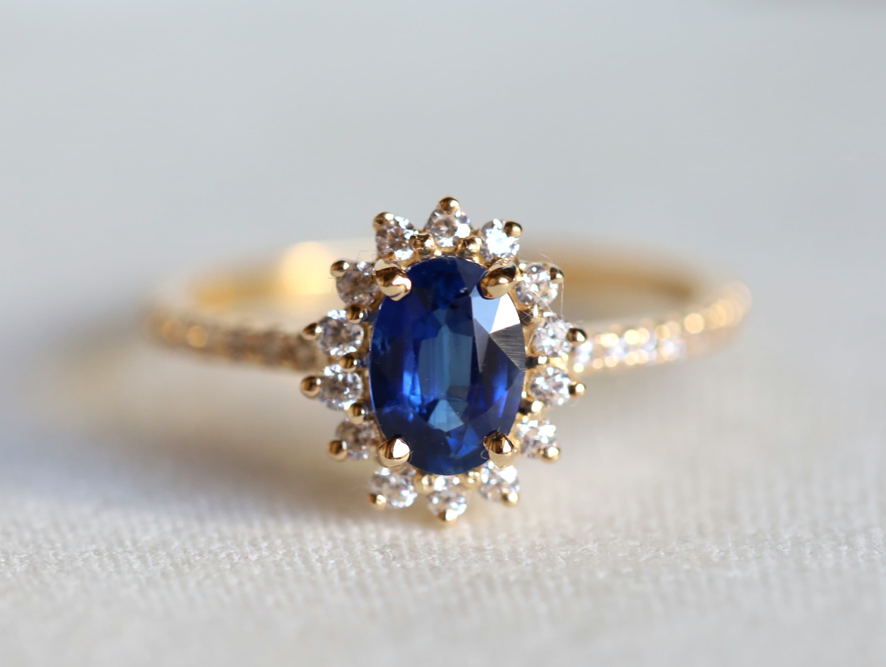 Blue Sapphire Ring | Art Deco Engagement Ring | Sapphire & Diamond Halo -