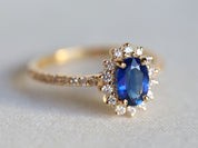 Blue Sapphire Ring | Art Deco Engagement Ring | Sapphire & Diamond Halo -