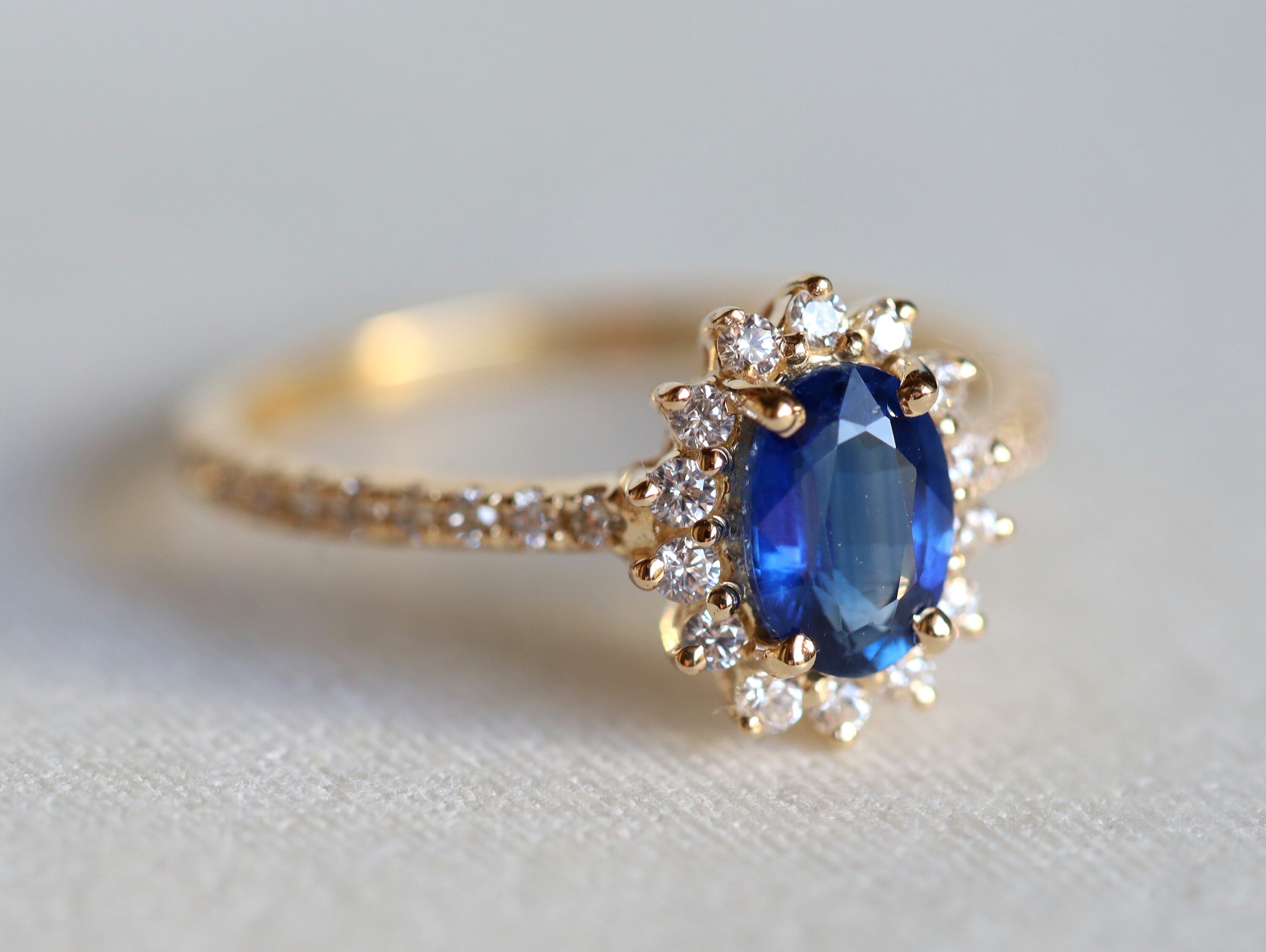 Blue Sapphire Ring | Art Deco Engagement Ring | Sapphire & Diamond Halo -