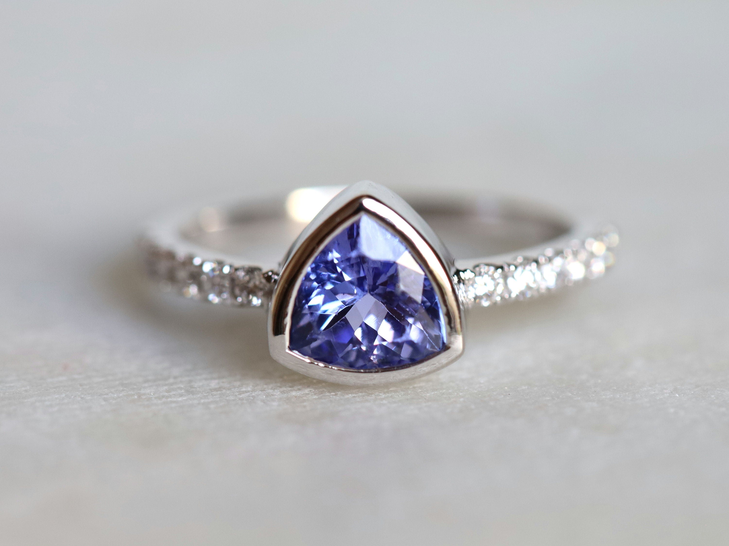 Trillion Cut Tanzanite Engagement Ring Set | Chevron Nesting Band | Anniversary Ring -